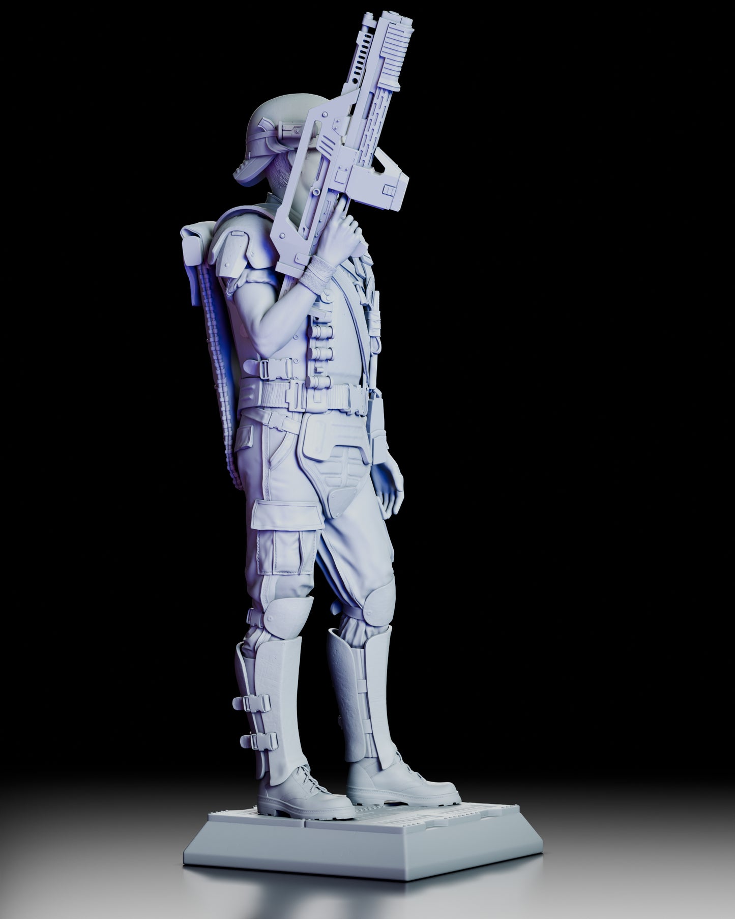 Corporal Hicks figure kit right side profile showing pulse rifle slung over shoulder, layered armor plating, equipment pouches, and ankle armor details in resin finish