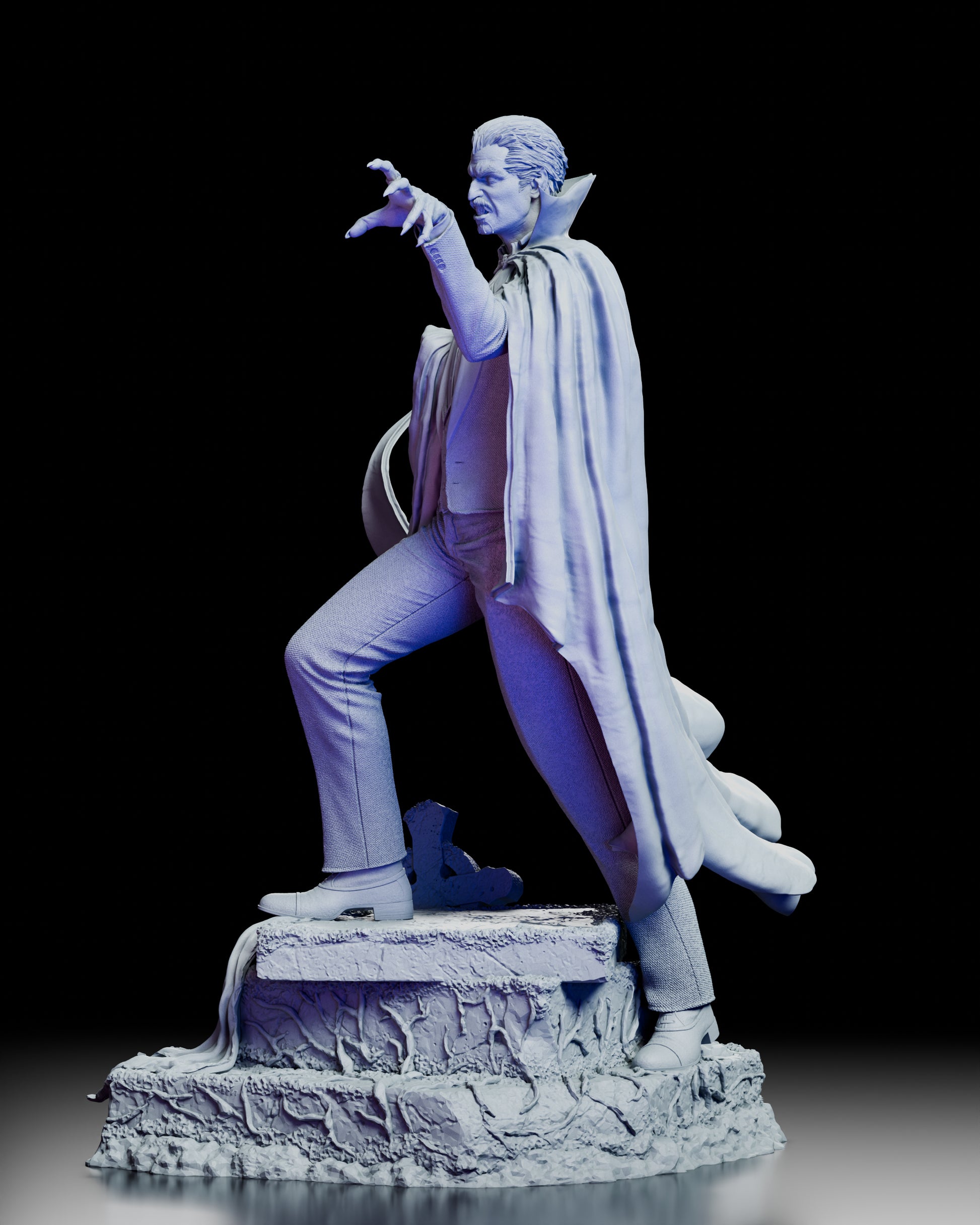 Left profile view of Count Dracula resin model highlighting stance and cloak detail