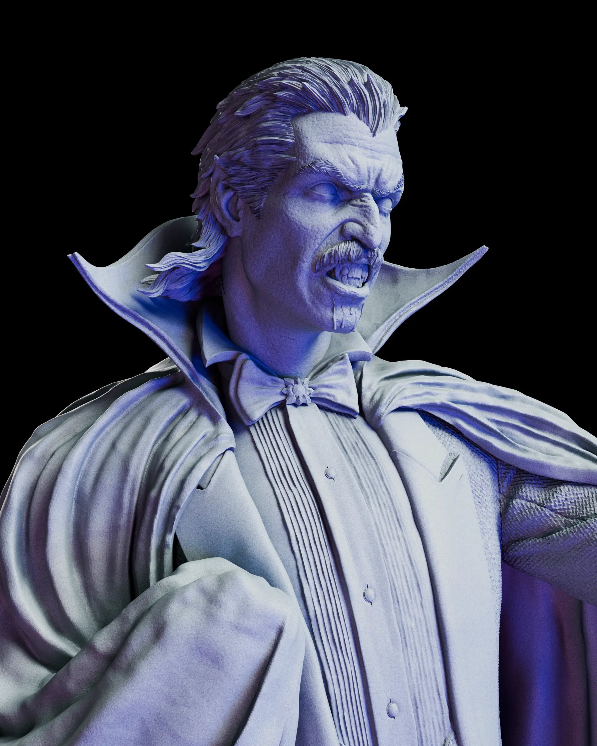 Close up portrait of Count Dracula with long hair and moustache alternate head sculpt