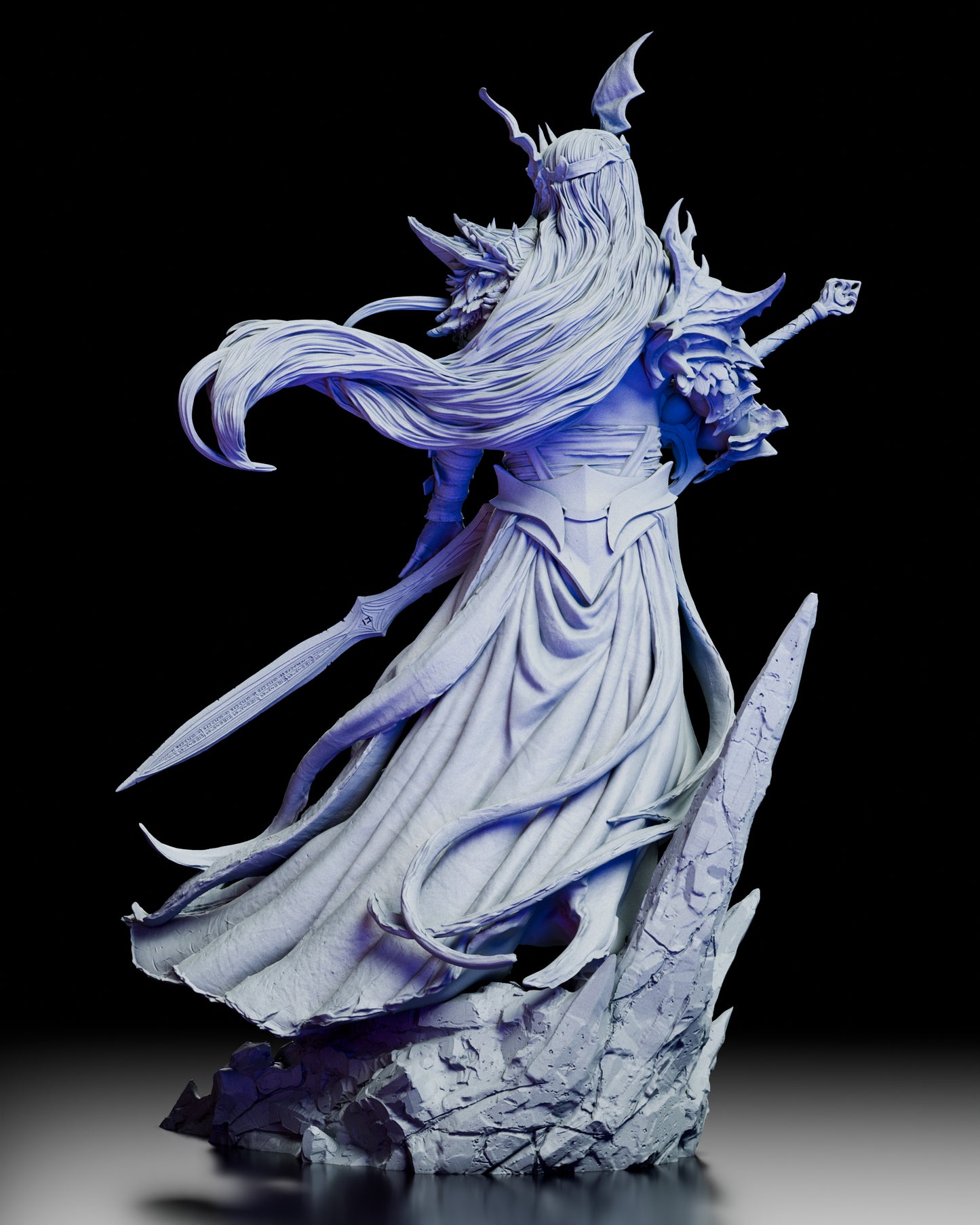 Rear view of The Pale Sorcerer King resin figure kit showing flowing hair, back armor details, and dynamic robe movement