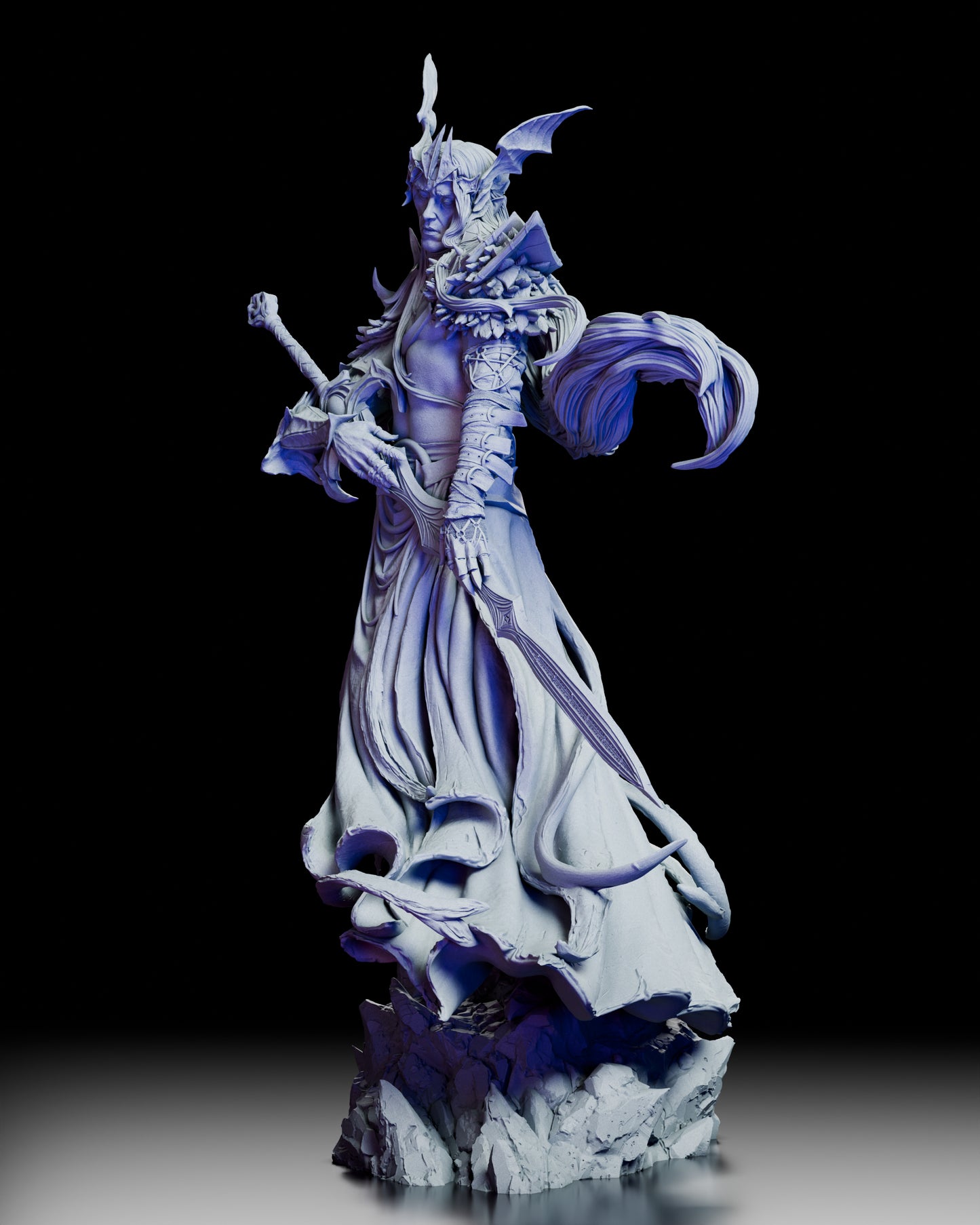 Left side view of The Pale Sorcerer King resin figure kit showing layered robes, dragon-winged pauldron, and stone spire base