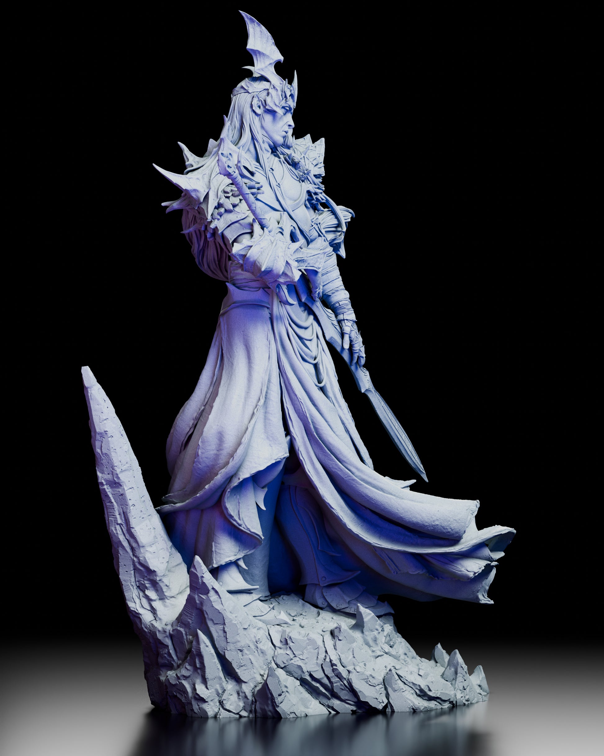 Right side view of The Pale Sorcerer King resin figure kit showing bone-like armor details, wrapped forearm, and rune sword