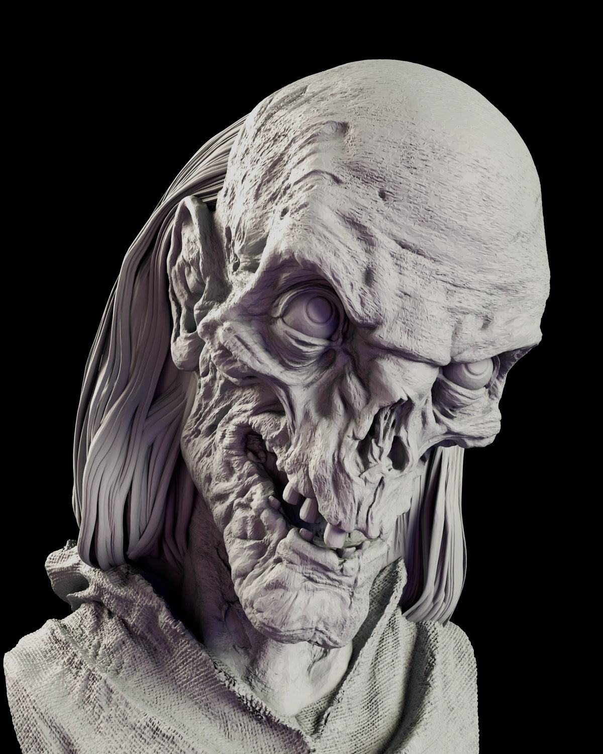 Portrait detail of the Crypt Keeper bust figure model kit with the head tipped down, one eye rolled upward and deep folds running from the collapsed cheeks into the sagging throat