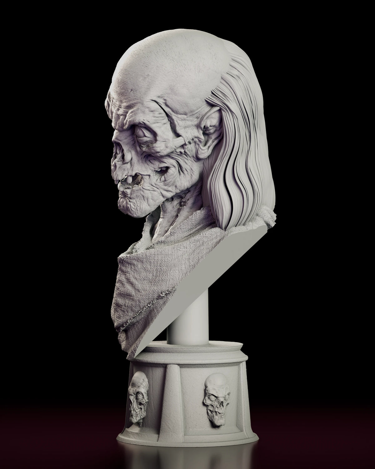 Left side view of the Crypt Keeper bust figure model kit showing the sweep of carved hair down the back of the head and the angled cut of the shrouded shoulder