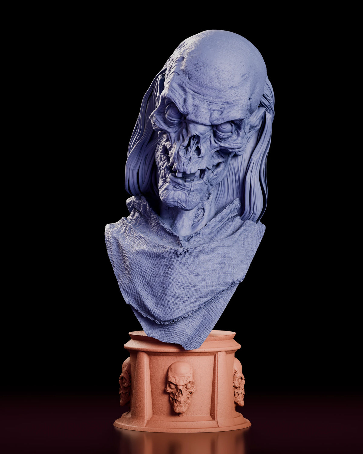 Parts breakdown of the Crypt Keeper bust figure model kit with the shrouded bust and the skull-ringed column plinth shown as separate components in different colours