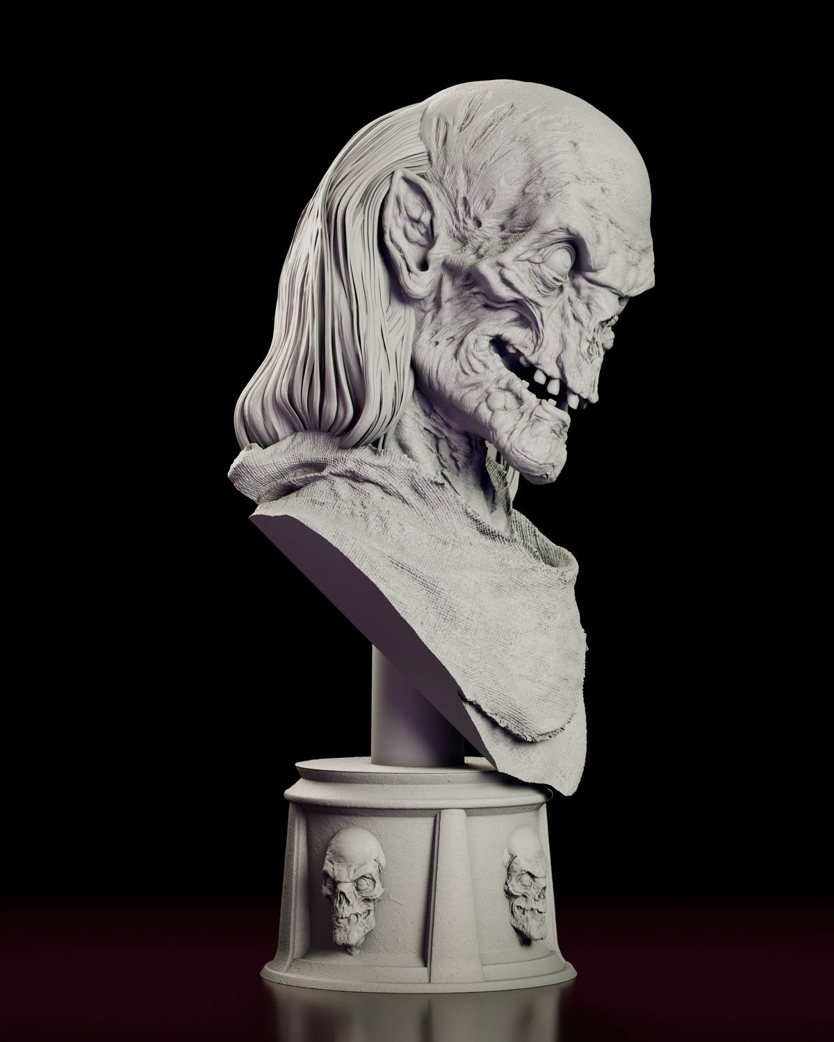 Right side view of the Crypt Keeper bust figure model kit showing the profile of the pointed ear, the hollowed cheek and the long hair falling over the shroud