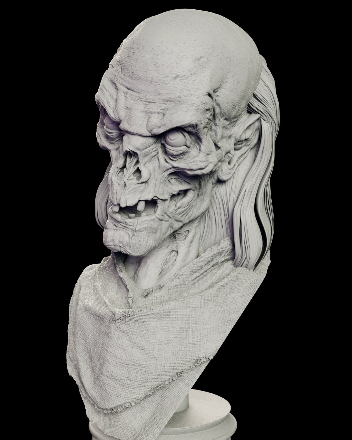 Three quarter detail of the Crypt Keeper bust figure model kit showing the creased scalp, the blind clouded eye under a heavy brow and the open nasal cavity above a grin of crooked teeth
