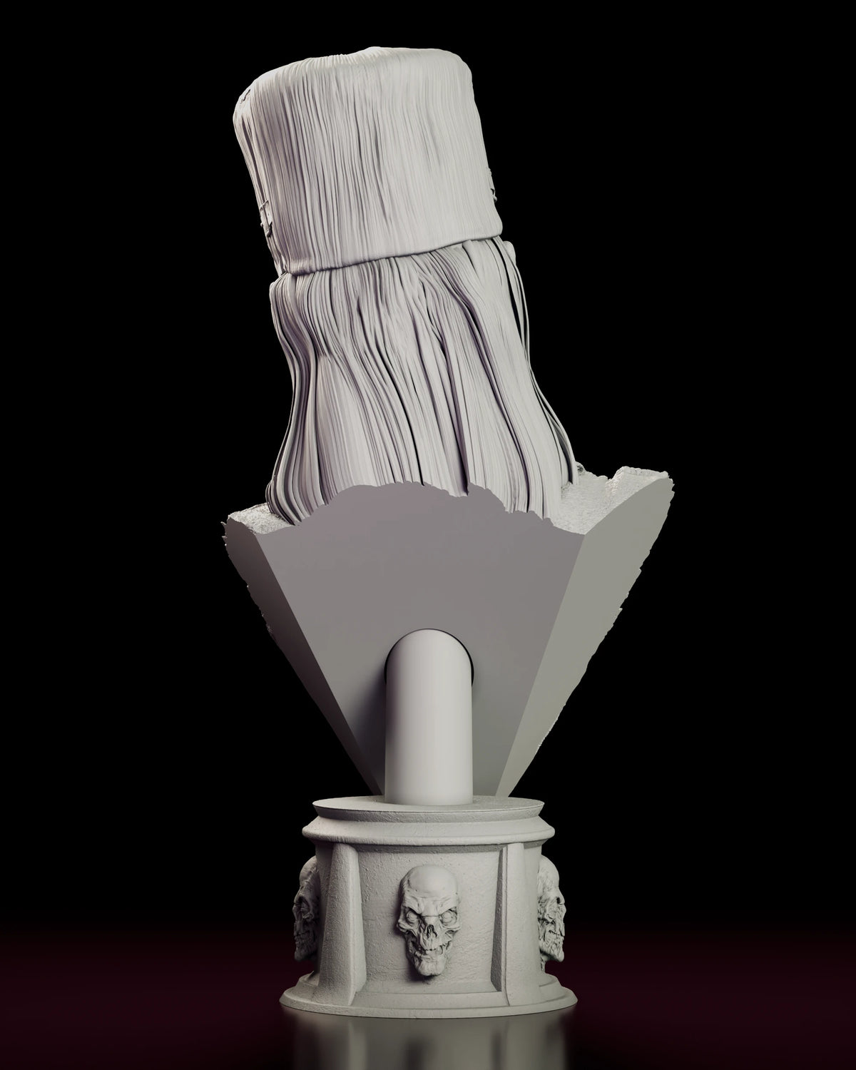 Back view of the Crypt Keeper costumed bust figure model kit showing the hair and a sculpted skull on the pedestal