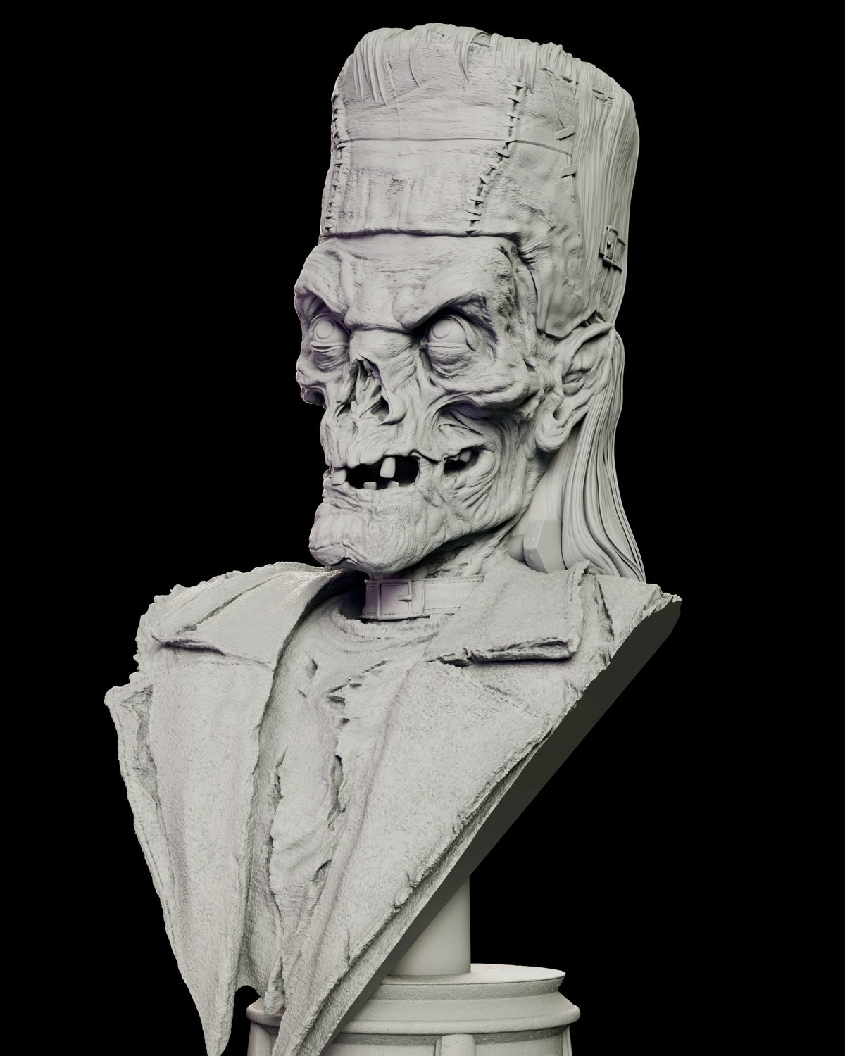 Three-quarter view of the Crypt Keeper bust showing the flat-topped Monster head, stitched seams and ragged jacket