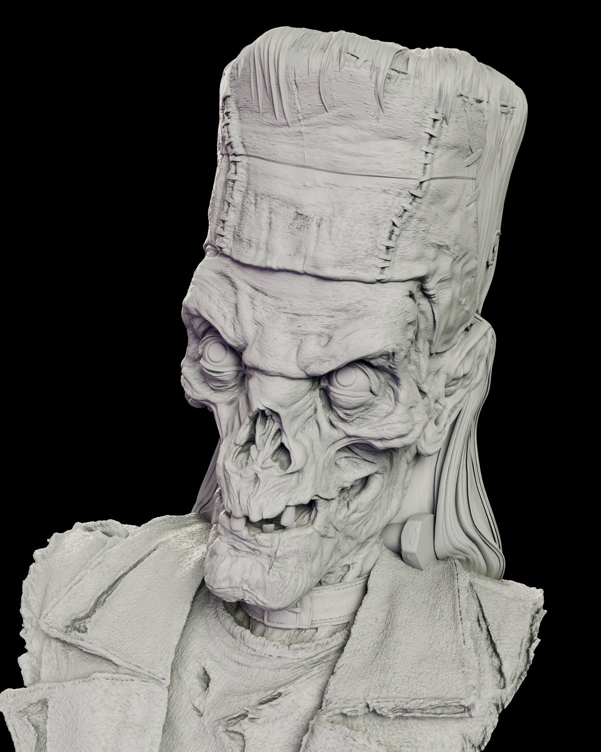 Portrait of the Crypt Keeper as Frankenstein's Monster with bulging eyes and a broken-toothed grin