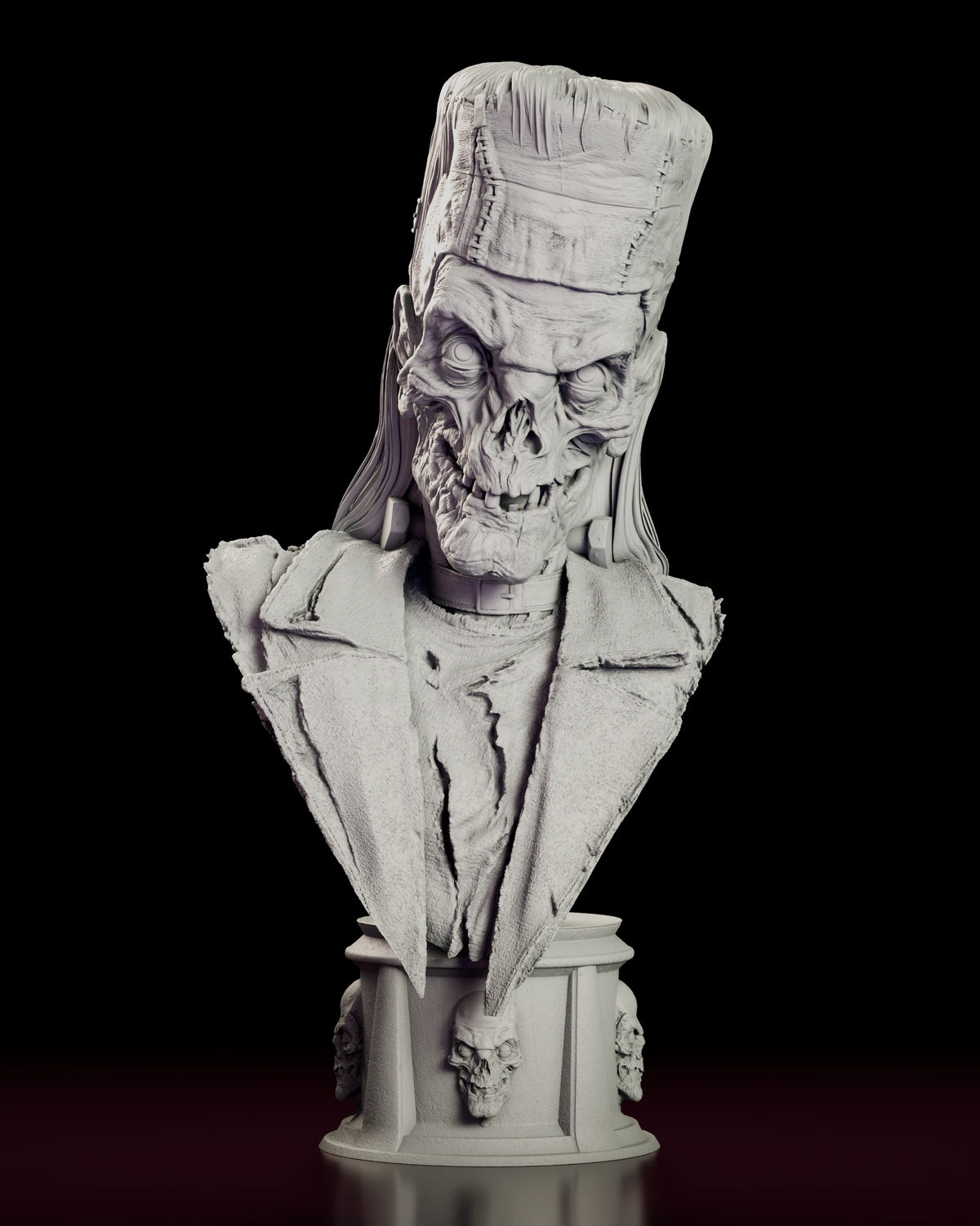 Front view of the Crypt Keeper Costumed Bust Frankenstein figure model kit on a round pedestal with sculpted skulls