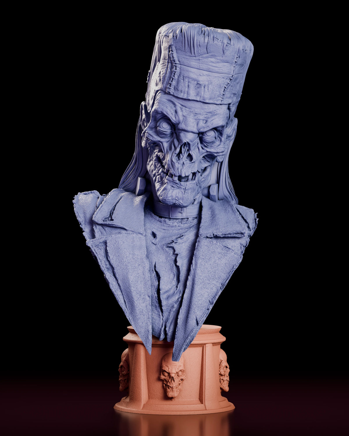 Parts breakdown of the Crypt Keeper costumed bust figure model kit with bust and pedestal shown in separate colours