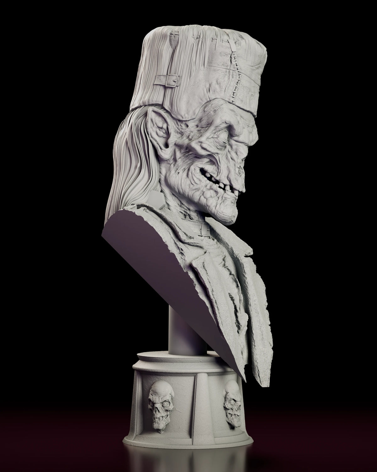 Right side view of the Crypt Keeper bust showing stringy hair and the tattered jacket