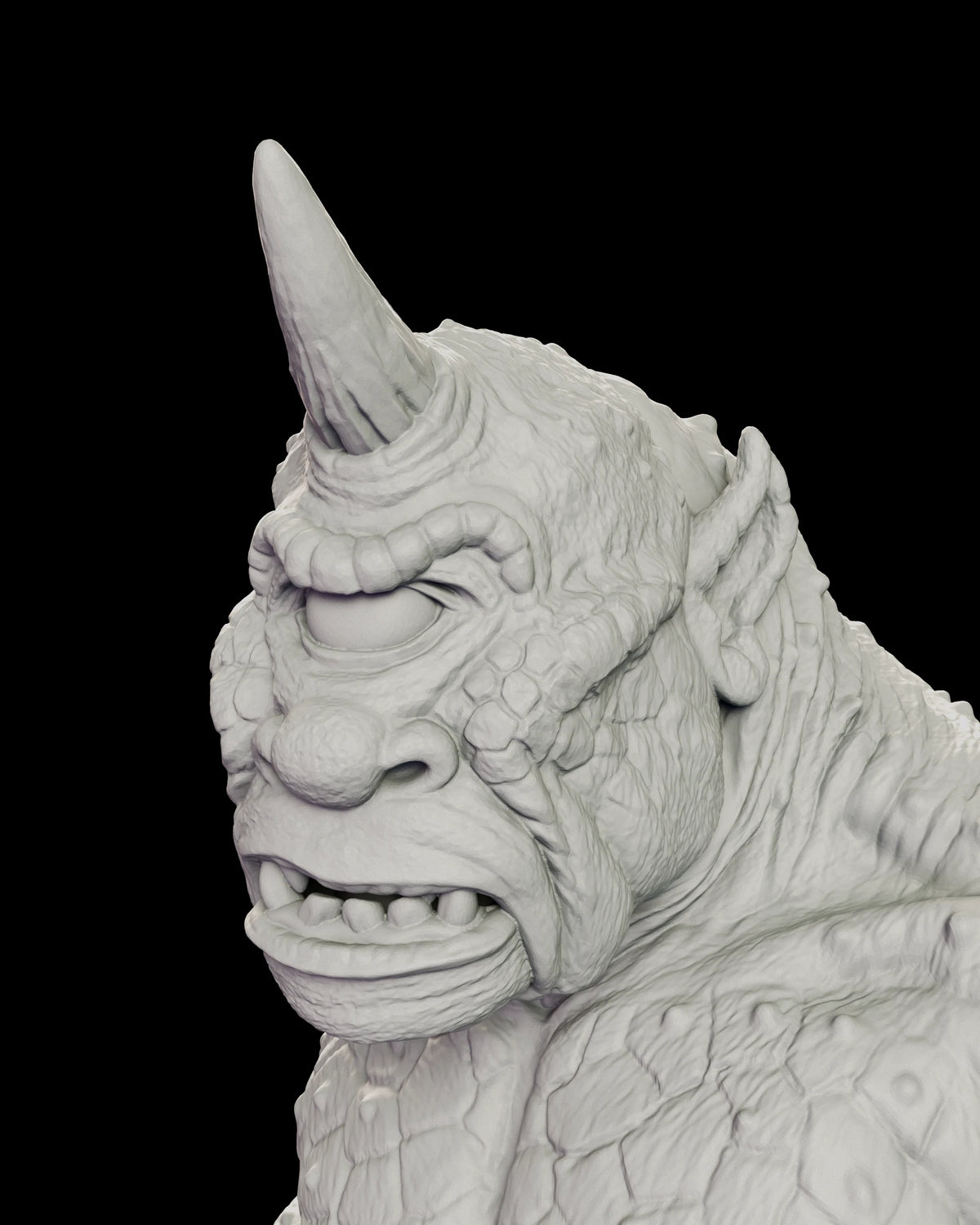 Profile portrait of the Cyclops figure model kit, showing the curved horn, the swept-back ear and the heavy brow set over a single eye