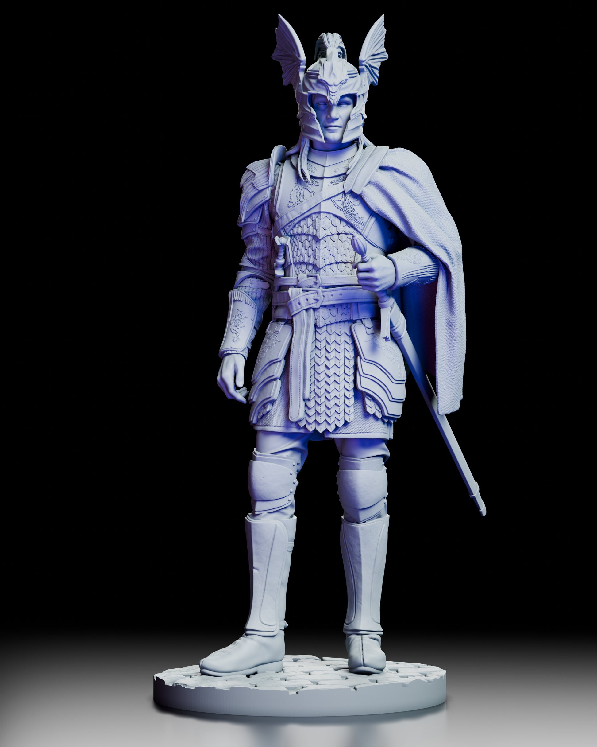 Front view of Daemon Targaryen figure model kit wearing armor and winged helmet, standing in a confident pose