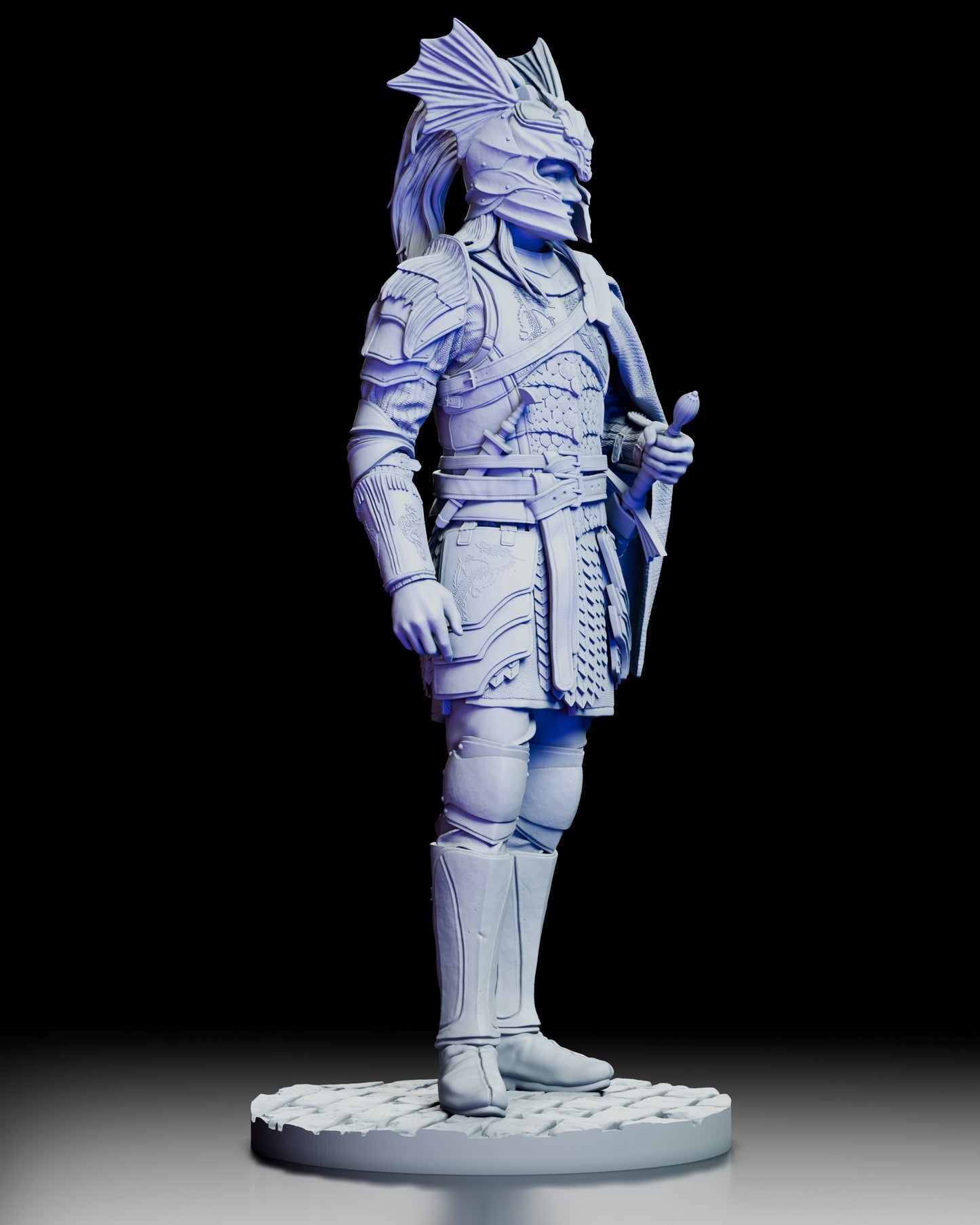 Three quarter right angle view of Daemon Targaryen figure model kit emphasizing armor detail and heroic stance