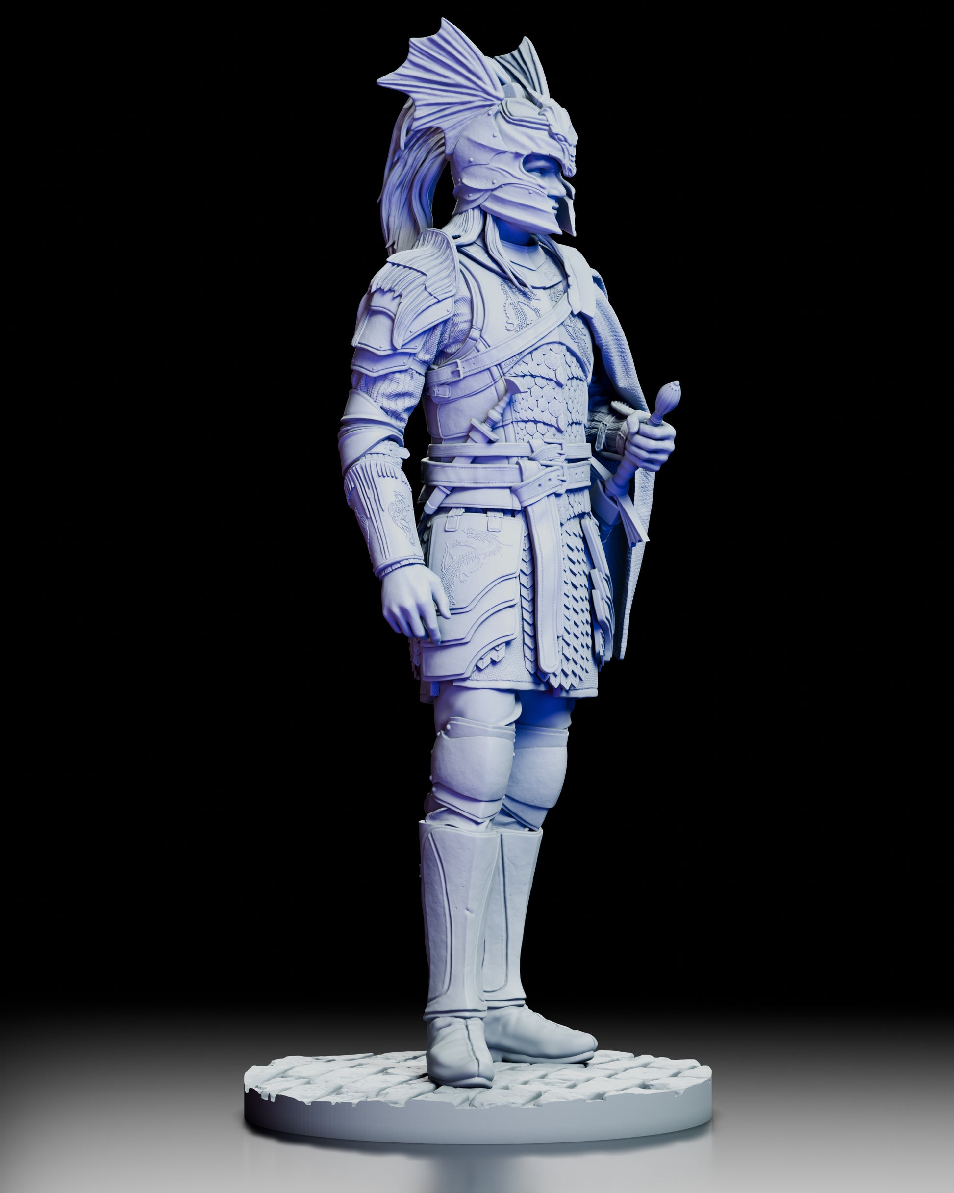 Three quarter right angle view of Daemon Targaryen figure model kit emphasizing armor detail and heroic stance