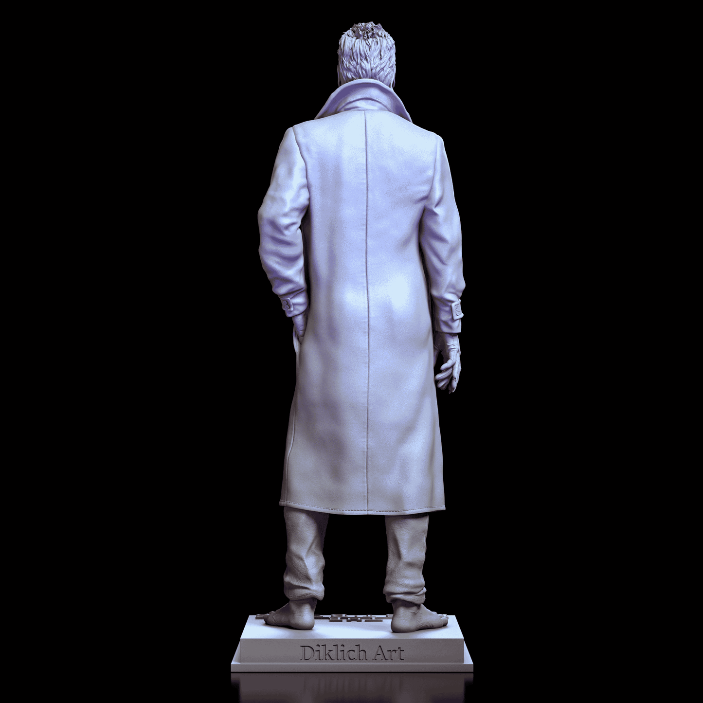 Rear view of the David Vampire maquette by Diklich Art highlighting torn coat edges textured hair and sculpted bare feet