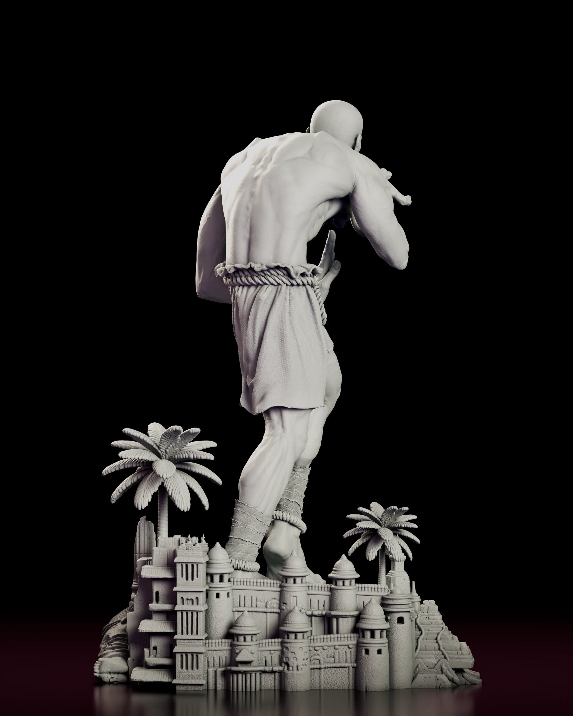 Rear view of the Dhalsim - Street Fighter figure model kit showing the sculpted back and shoulders, the belted cloth wrap and the ruined domed palace and palm trees standing behind the figure