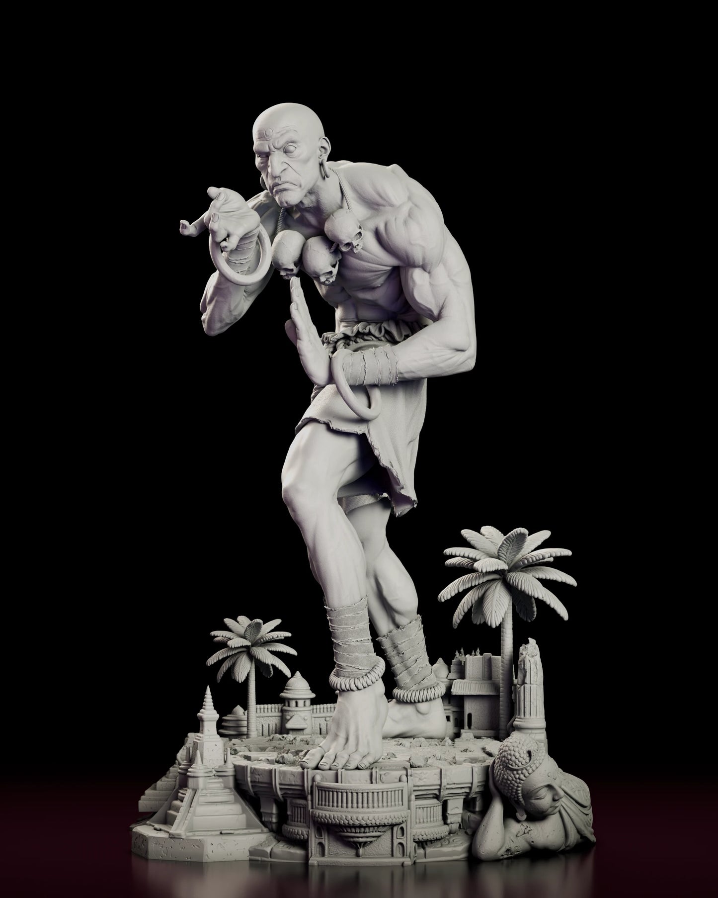 Front view of the Dhalsim - Street Fighter figure model kit bent deep at the waist with one knee raised, the right hand reaching out and the left held flat above the skull cord