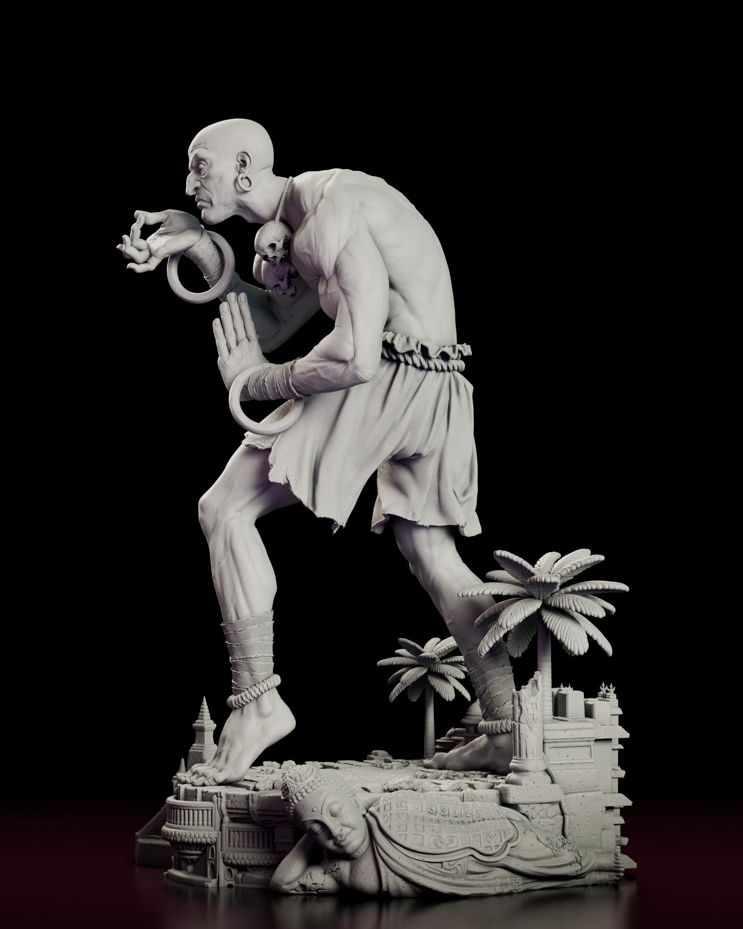 Left side view of the Dhalsim - Street Fighter figure model kit showing the deep forward bend, the raised knee and the colossal carved head lying toppled in the rubble of the base