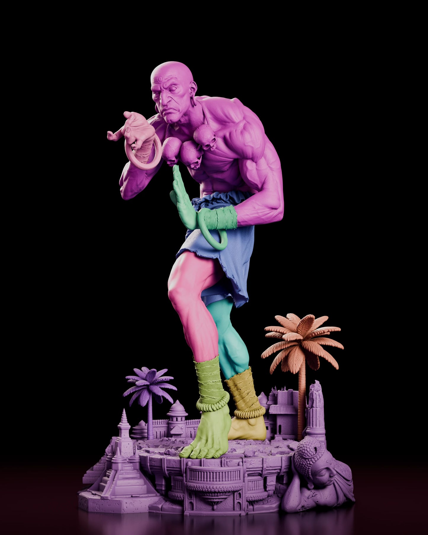 Parts breakdown of the Dhalsim - Street Fighter figure model kit with the head, torso, arms, hands, cloth wrap, legs, ankle bindings, palm trees and ruined city base shown in separate colours