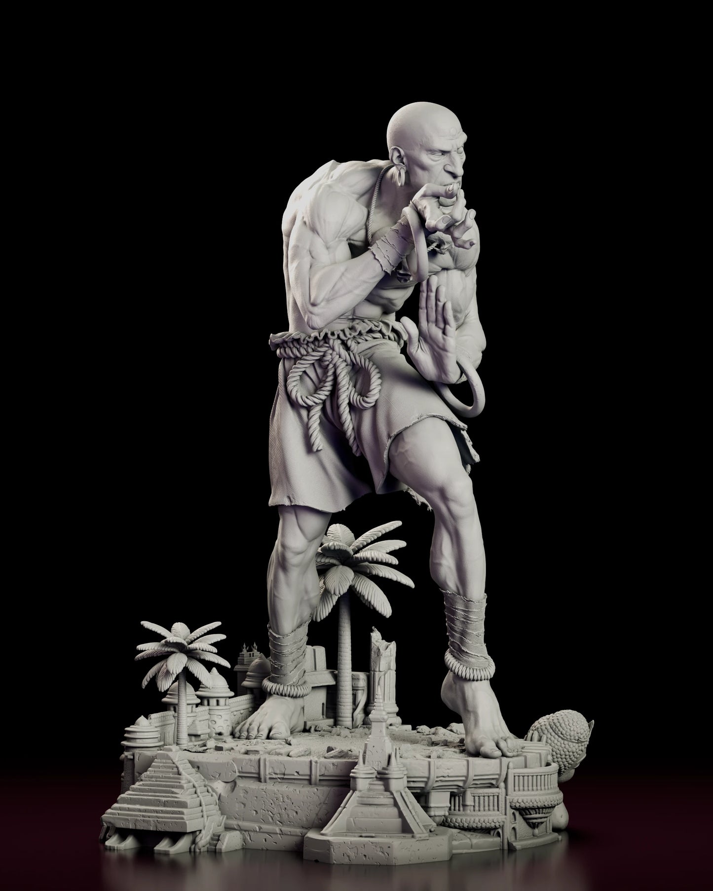 Right side view of the Dhalsim - Street Fighter figure model kit showing the thick coiled belt, the ragged cloth wrap and the stepped temples and broken colonnade running along the base