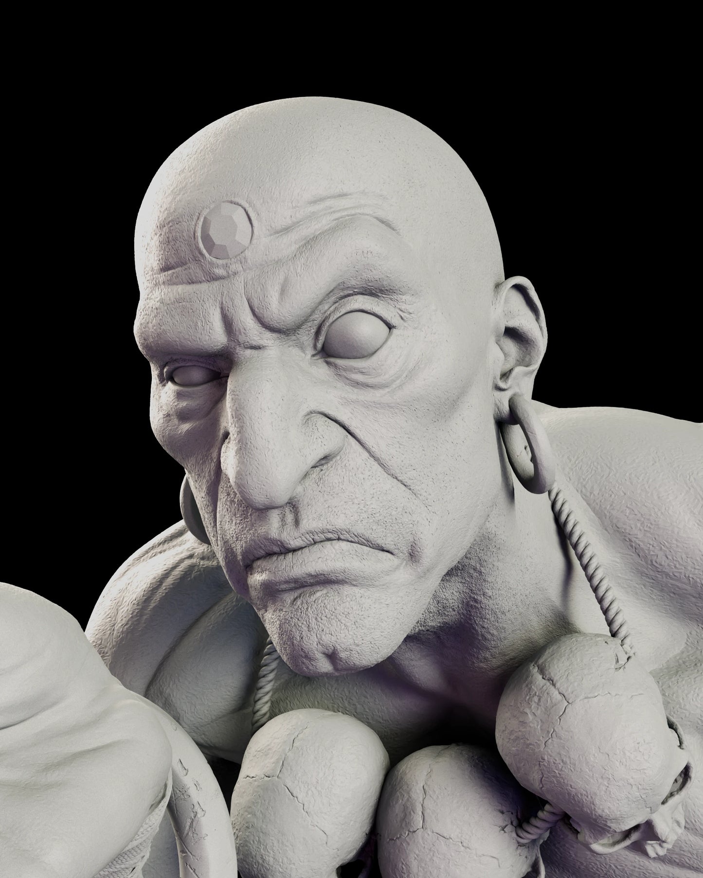 Portrait detail of the Dhalsim - Street Fighter figure model kit, showing the shaved skull, the faceted disc on the brow, the deeply lined face and the stretched lobes carrying heavy hoops