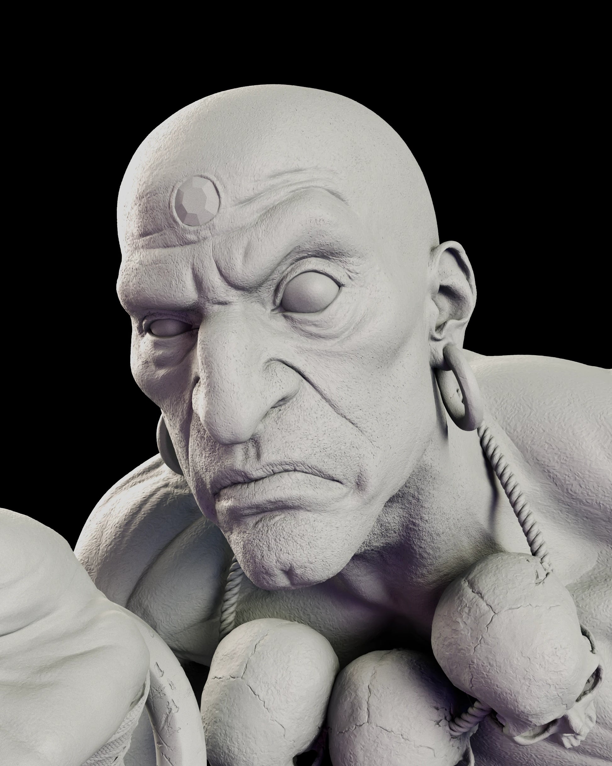 Portrait detail of the Dhalsim - Street Fighter figure model kit, showing the shaved skull, the faceted disc on the brow, the deeply lined face and the stretched lobes carrying heavy hoops