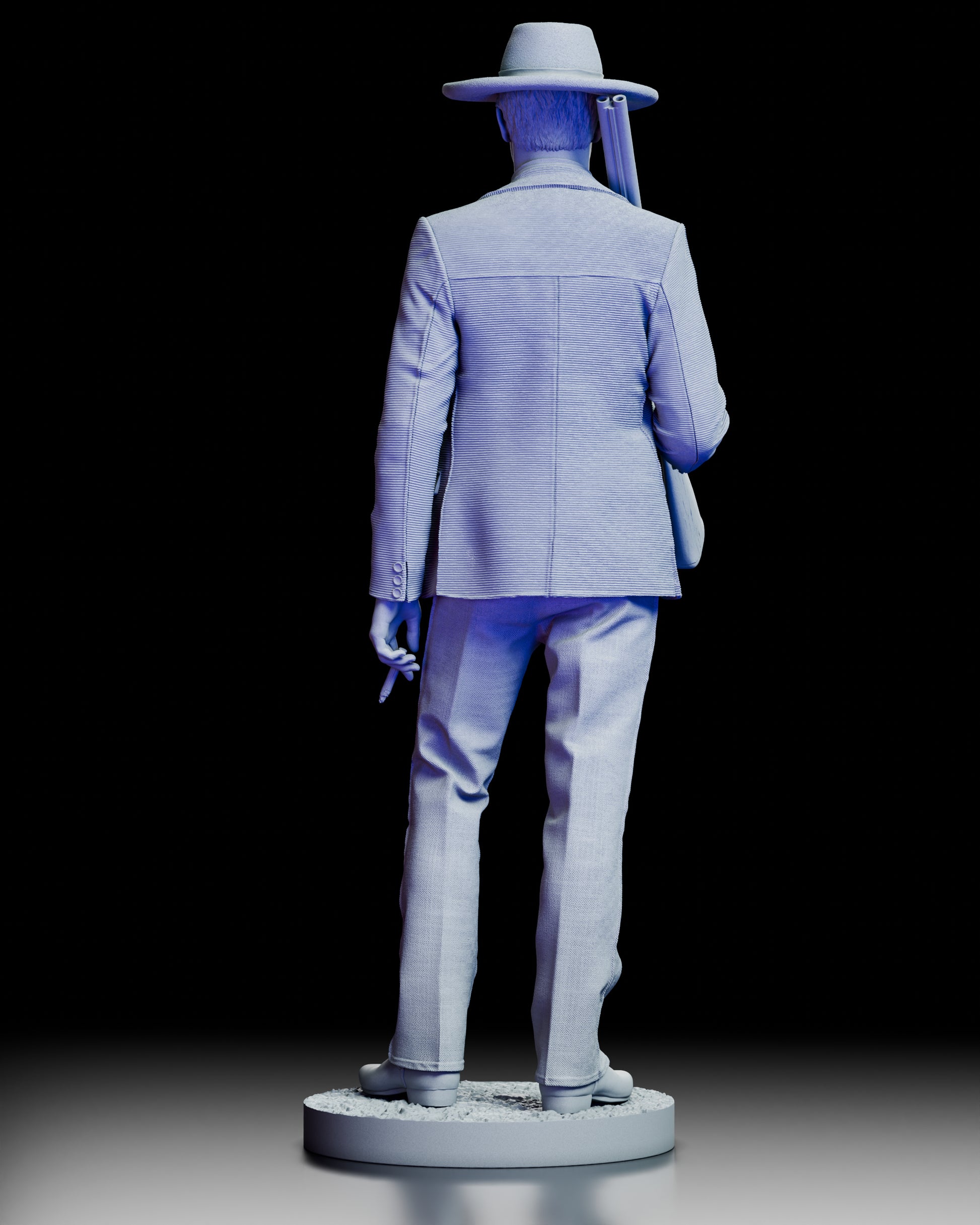 Back view of the Doc Holliday figure highlighting the coat texture, hat brim, and rear silhouette of the pose