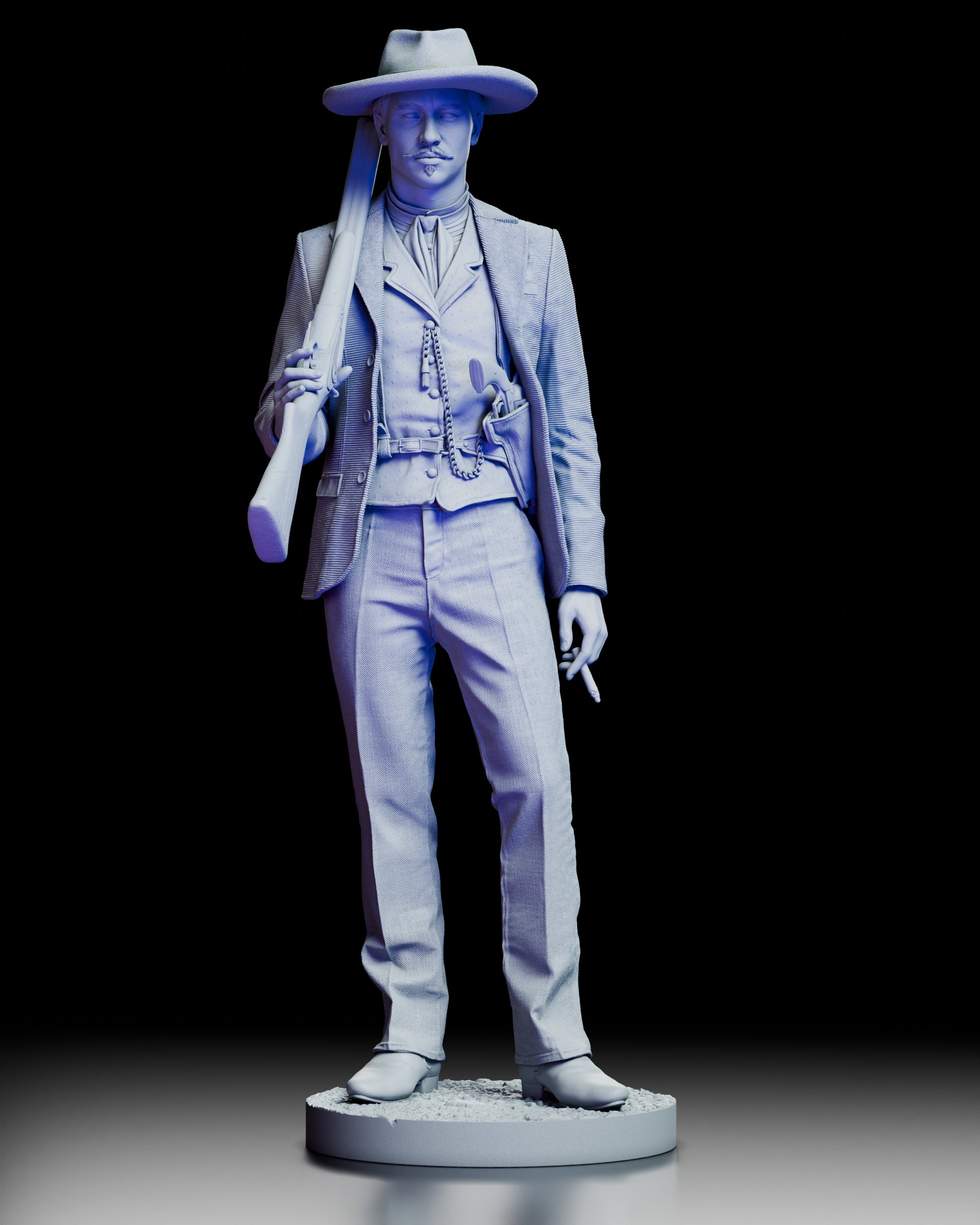 Front view of the Doc Holliday figure kit holding a shotgun over his shoulder and a cigarette in hand