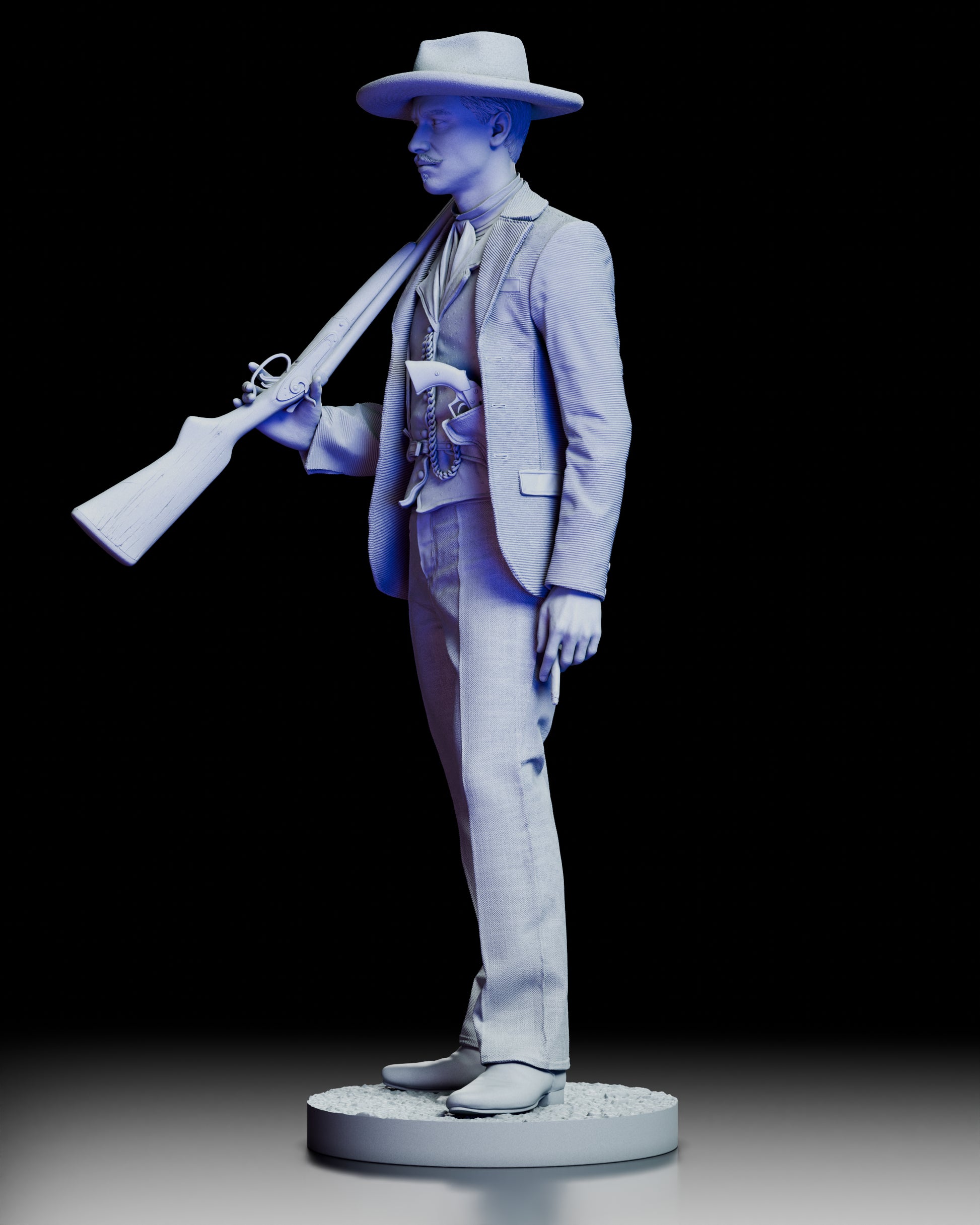 Left side view of the Doc Holliday figure showing detailed clothing folds and holstered sidearm