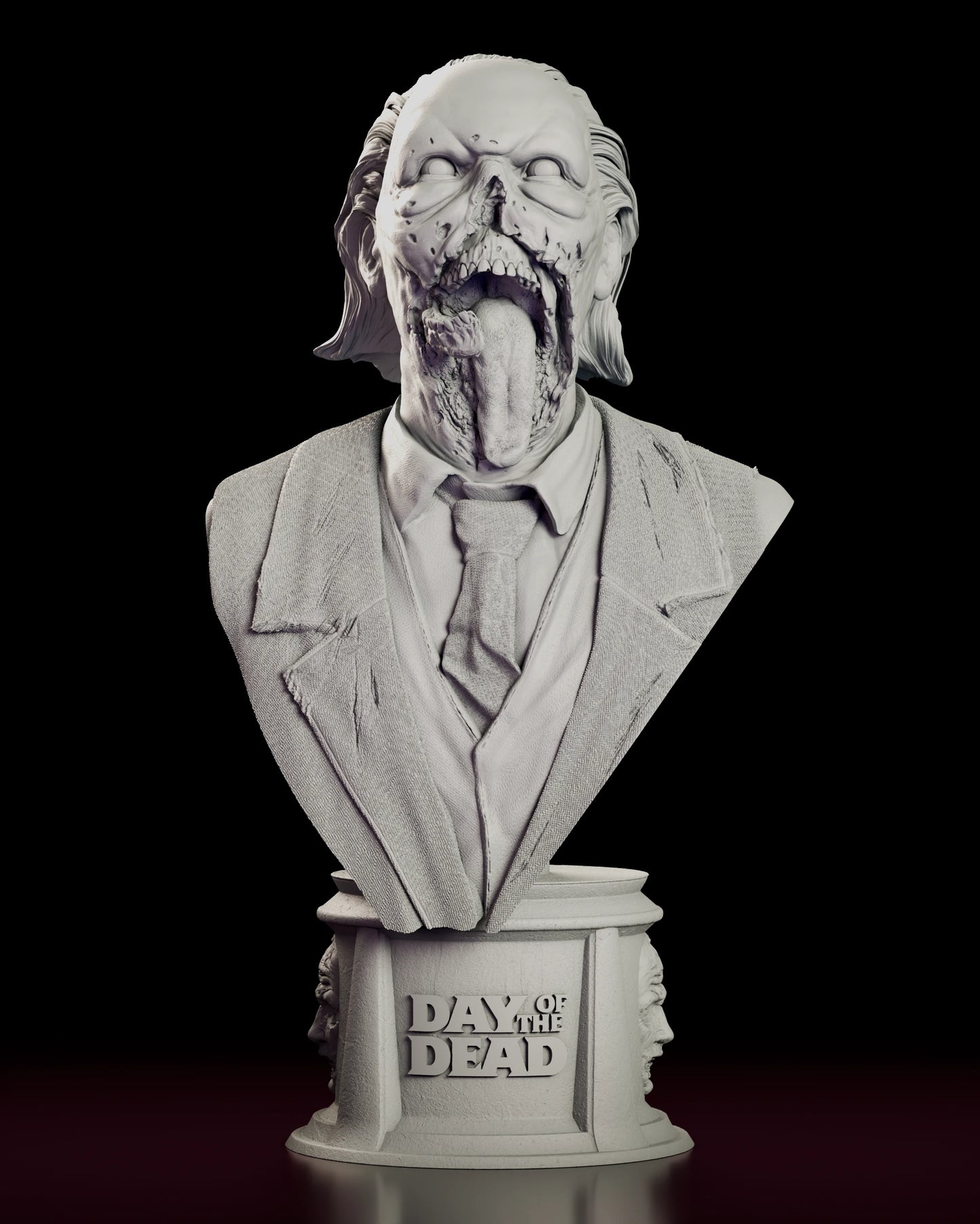 Front view of the Doctor Tongue bust figure model kit showing the tweed jacket, knotted tie and buttoned waistcoat below the ruined face and hanging tongue