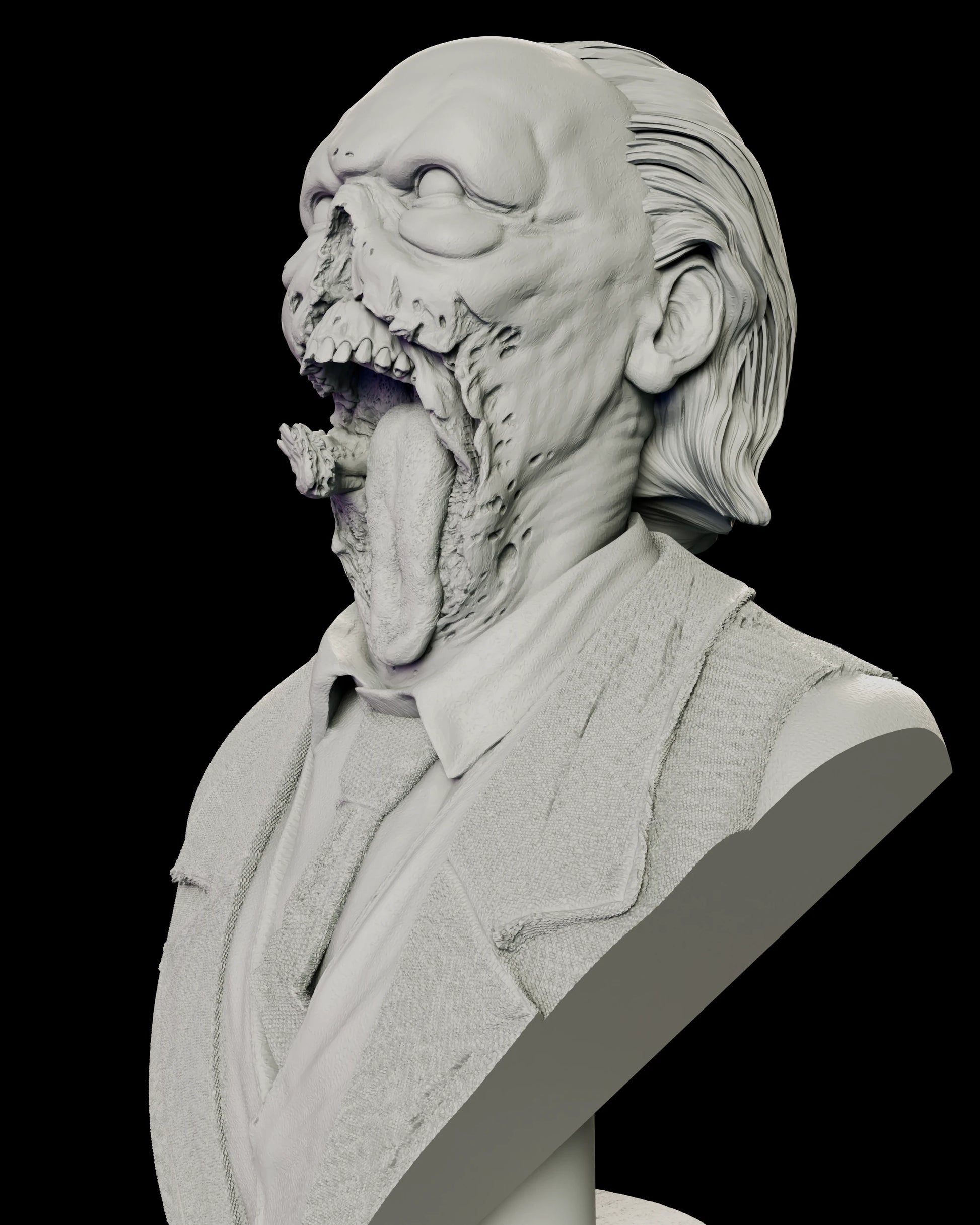 Close view of the Doctor Tongue bust figure model kit, showing the stripped lower jaw and exposed teeth, the ragged pitted cheek tissue and the tongue hanging past the shirt collar