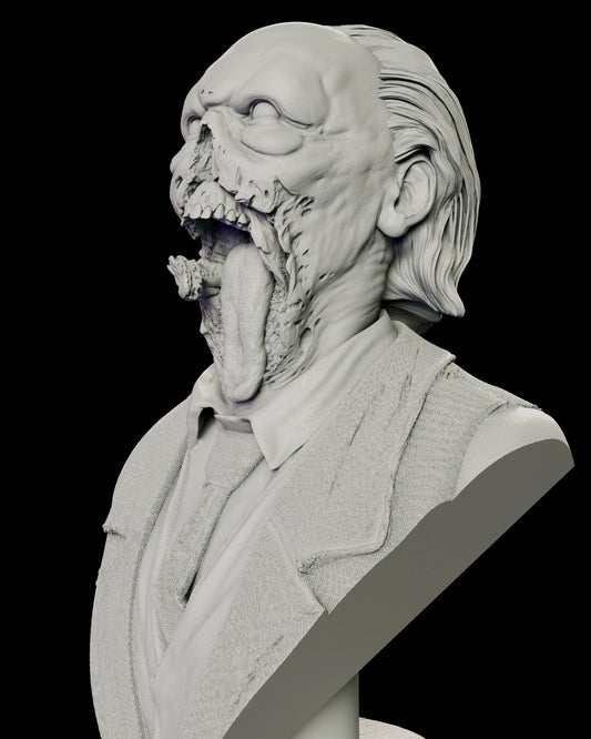 Close view of the Doctor Tongue bust figure model kit, showing the stripped lower jaw and exposed teeth, the ragged pitted cheek tissue and the tongue hanging past the shirt collar