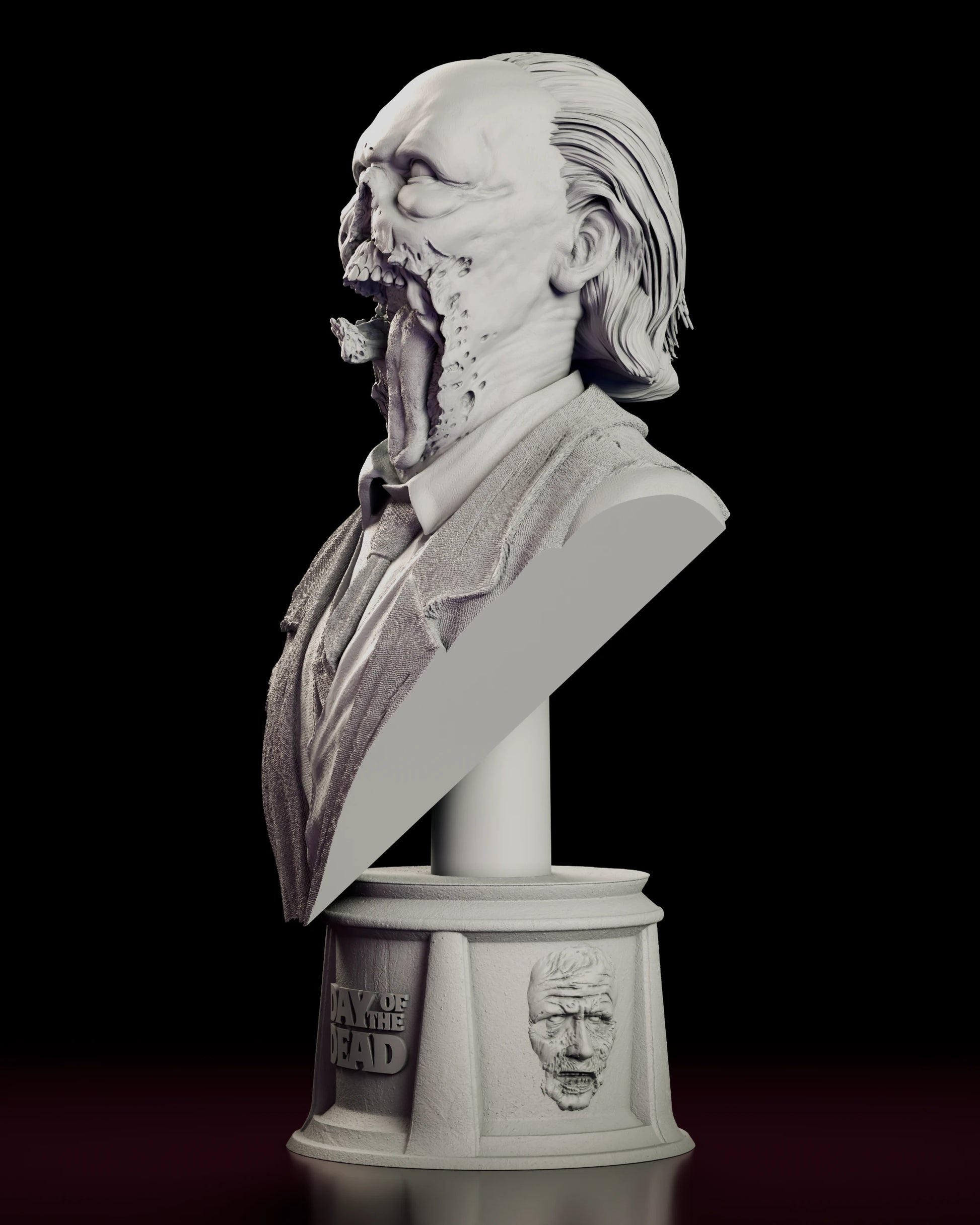 Left side view of the Doctor Tongue bust figure model kit showing the lank hair falling to the shoulder, the torn sleeve detail and the second sculpted face on the plinth