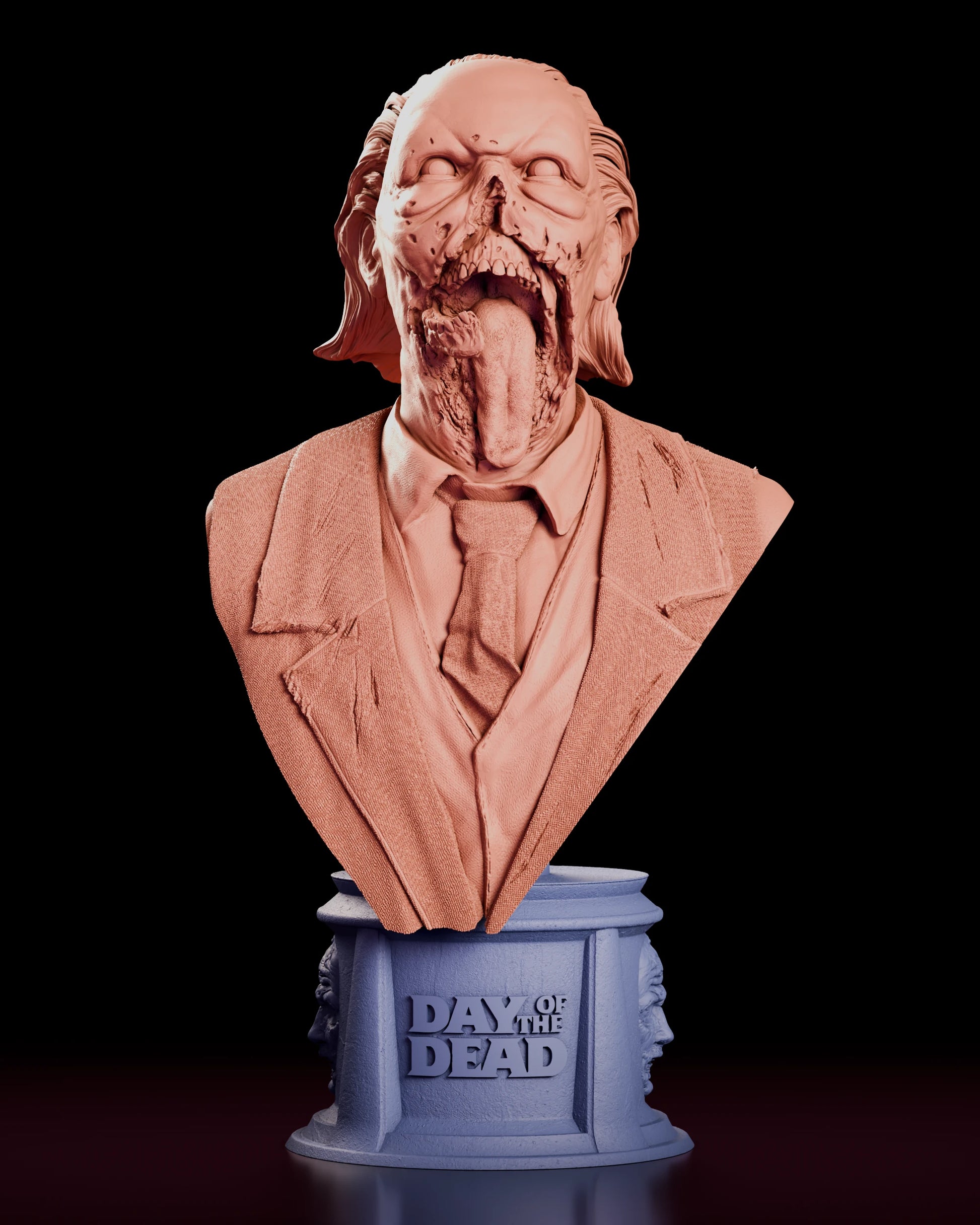 Parts breakdown of the Doctor Tongue bust figure model kit showing the suited bust and the lettered cylindrical plinth as separate pieces in different colours