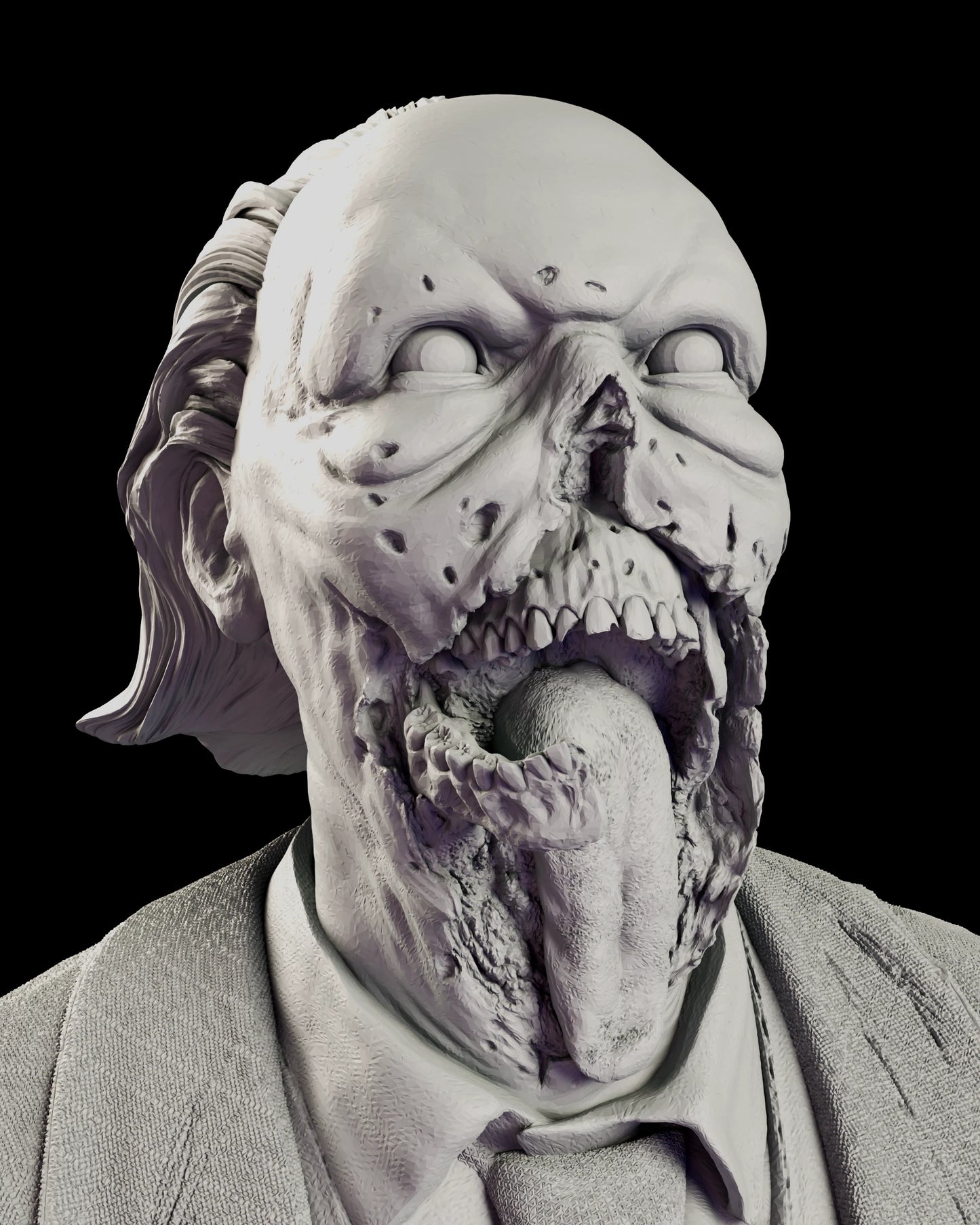 Portrait detail of the Doctor Tongue bust figure model kit, showing the lesioned bald skull, the sunken pupil-less eyes, the missing nose and the lank hair falling from the temples