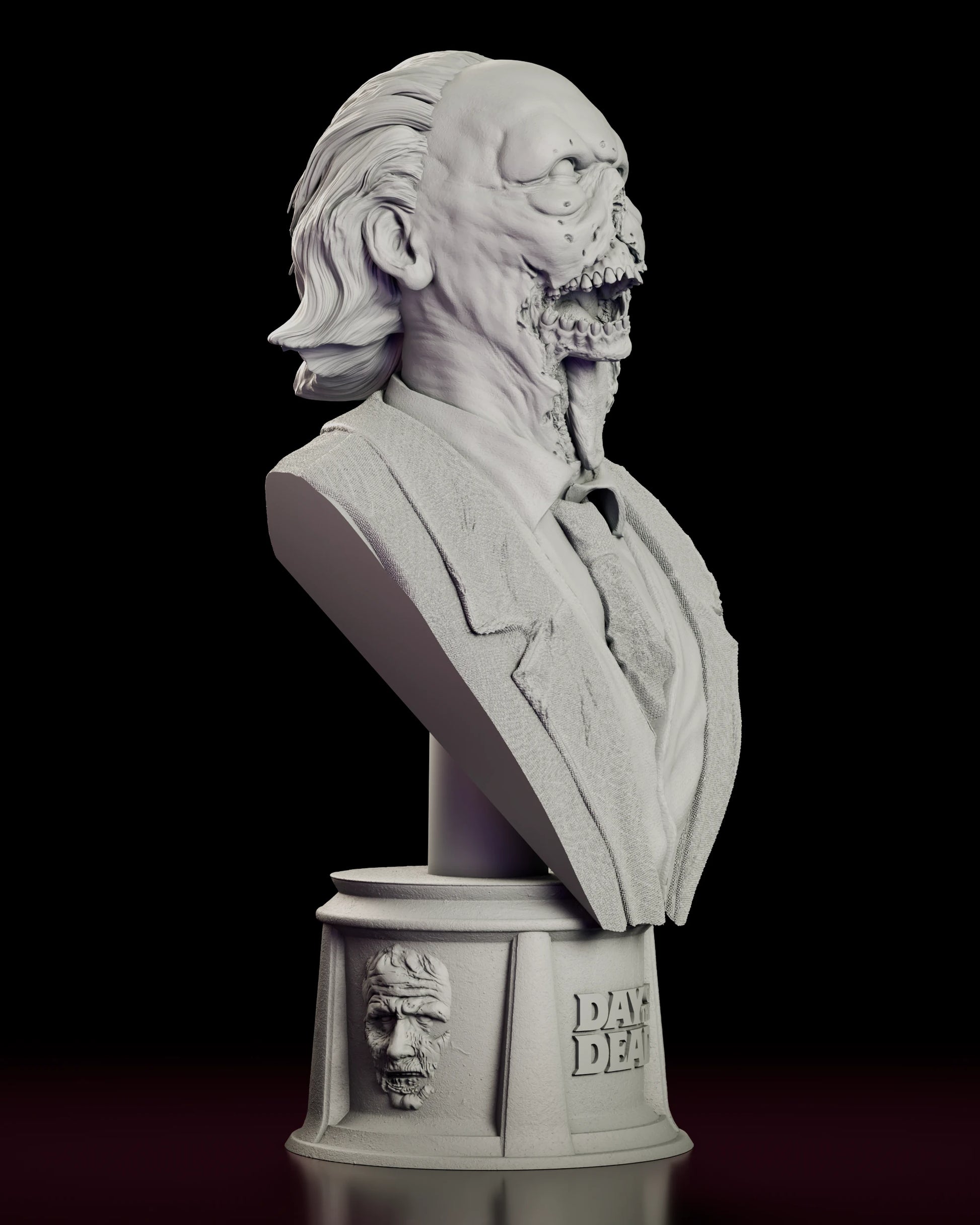 Right side view of the Doctor Tongue bust figure model kit showing the profile of the exposed jaw, the woven jacket lapel and one of the sculpted faces set into the plinth