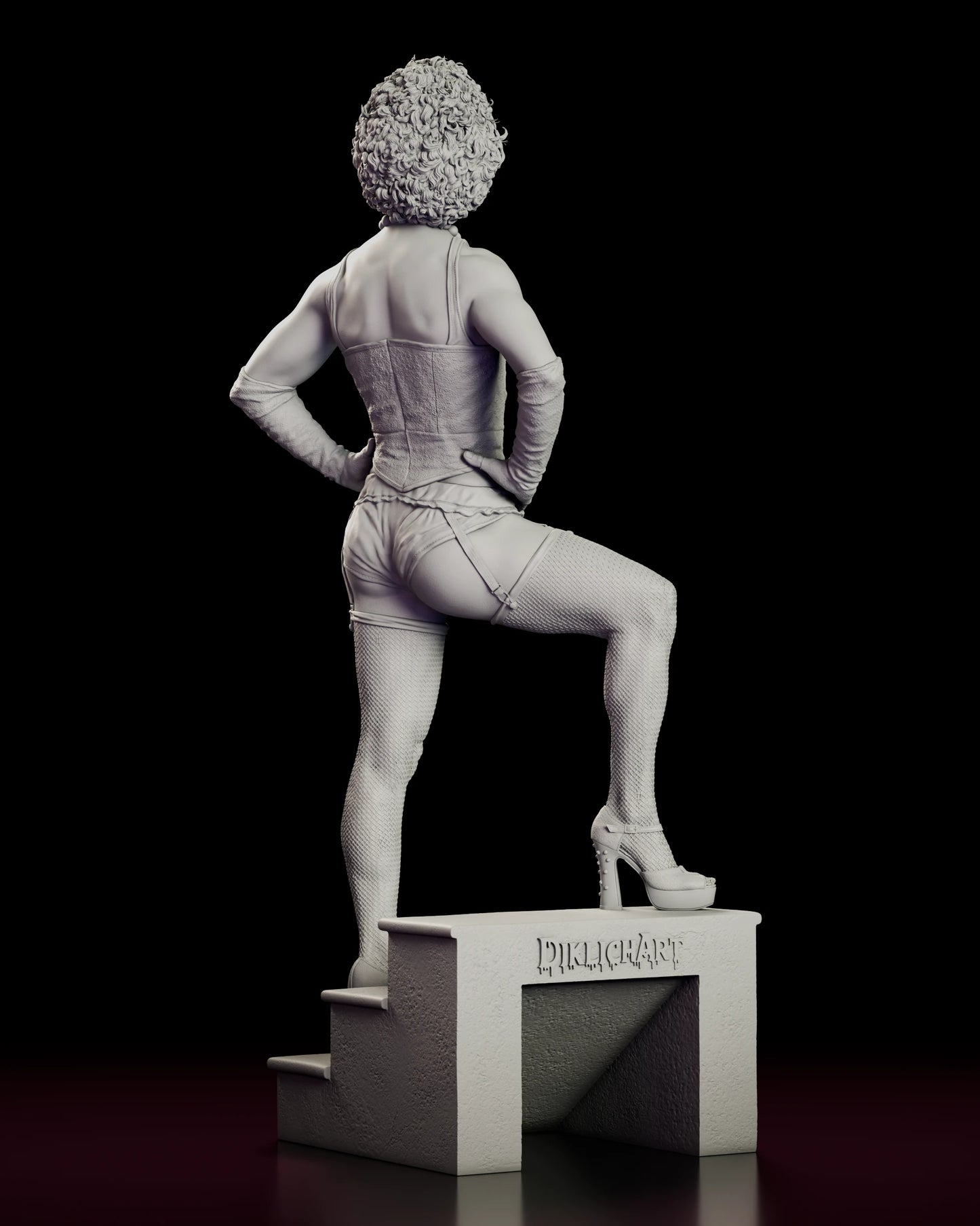 Rear view of the Dr. Frank-N-Furter figure model kit showing the boned corset panels, the garter straps and the sculptor mark on the base