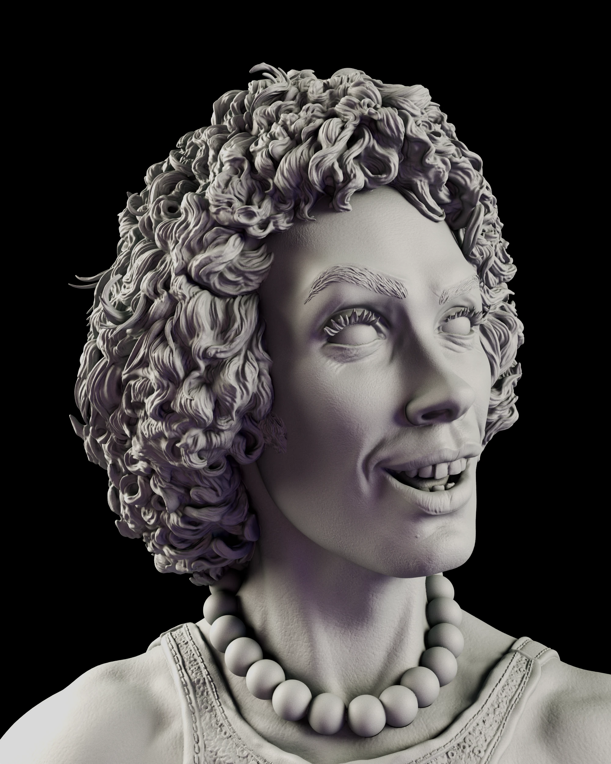 Portrait view of the Dr. Frank-N-Furter figure model kit showing the sculpted curls, arched brows and beaded necklace