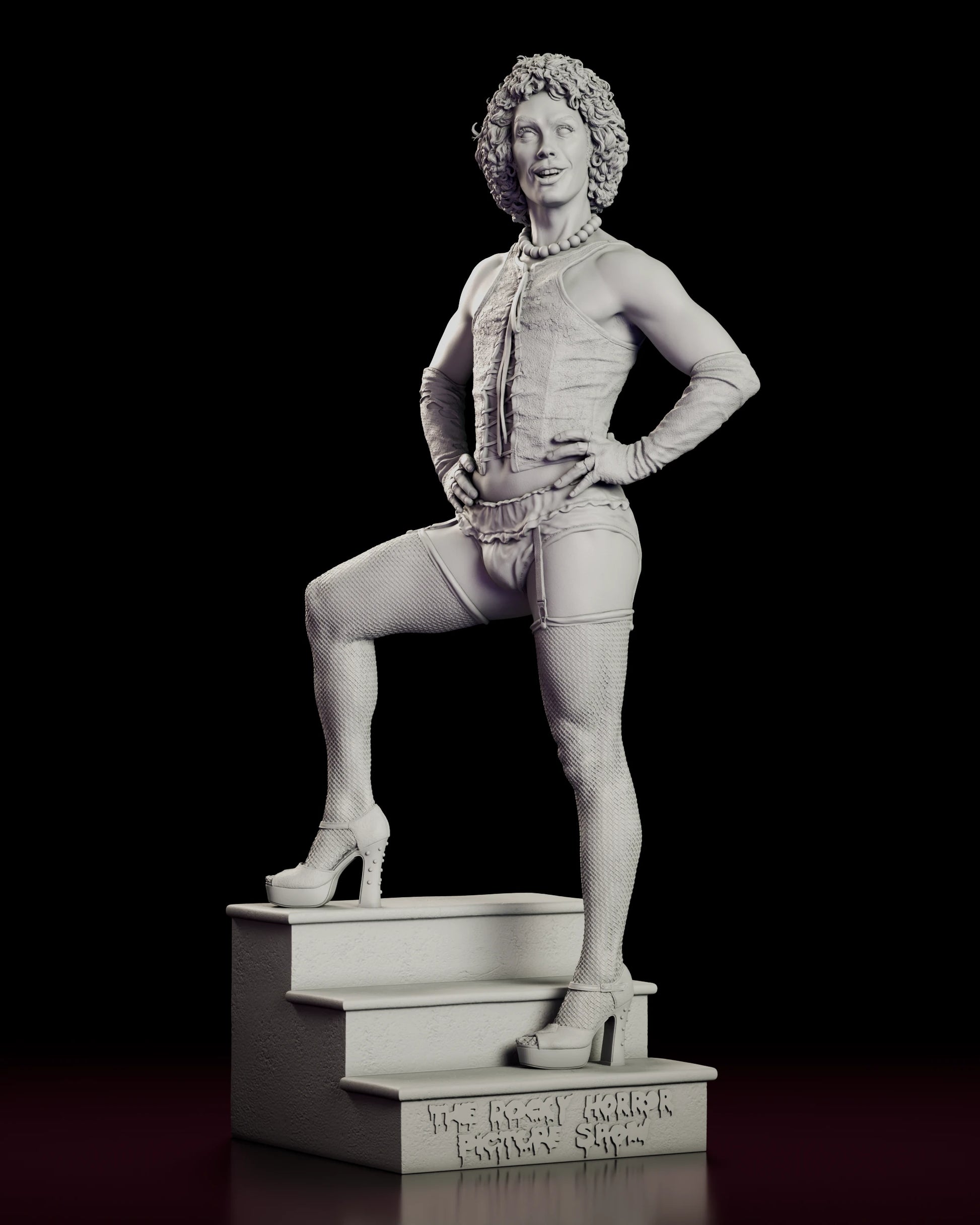Front view of the Dr. Frank-N-Furter figure model kit standing hands on hips on a staircase base