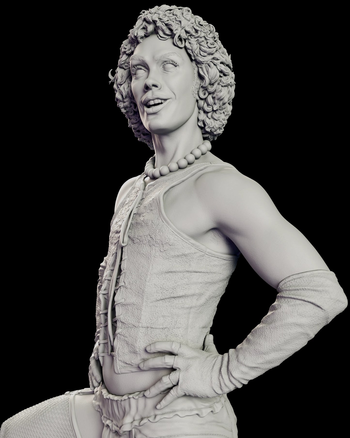 Detail view of the Dr. Frank-N-Furter figure model kit showing the sequinned corset, its cross-lacing and the elbow-length gloves