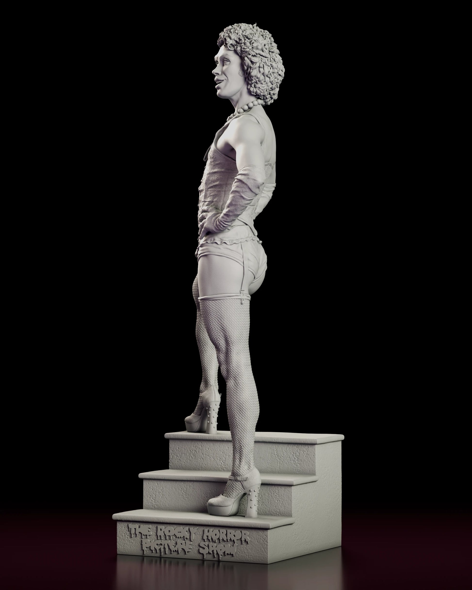 Left side view of the Dr. Frank-N-Furter figure model kit showing the corset lacing and the fall of the fishnet stockings
