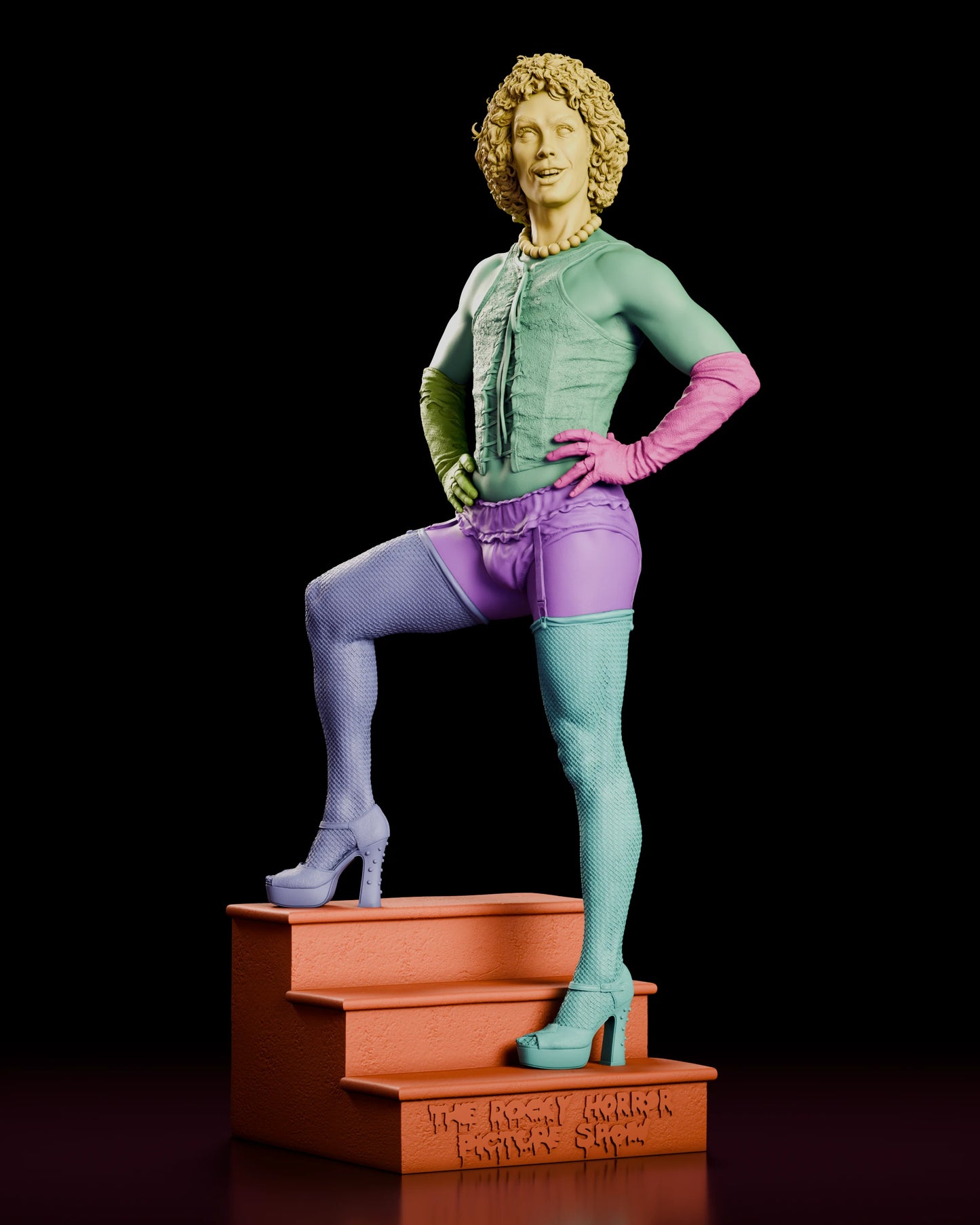 Parts breakdown of the Dr. Frank-N-Furter resin kit with the head, corset torso, gloved arms, hips, legs and staircase base shown in separate colours