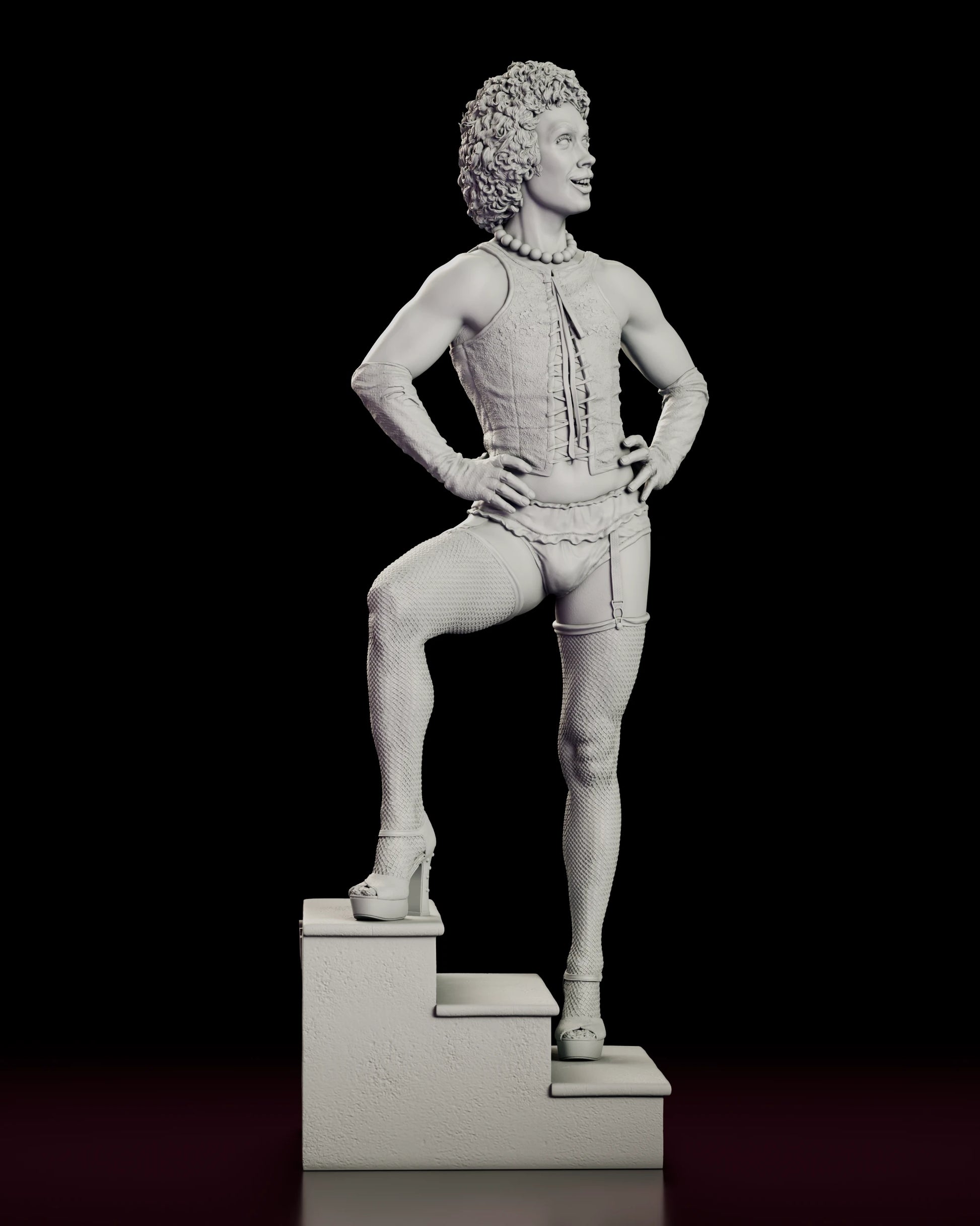 Right side view of the Dr. Frank-N-Furter figure model kit showing the raised leg, the garter straps and the platform heel