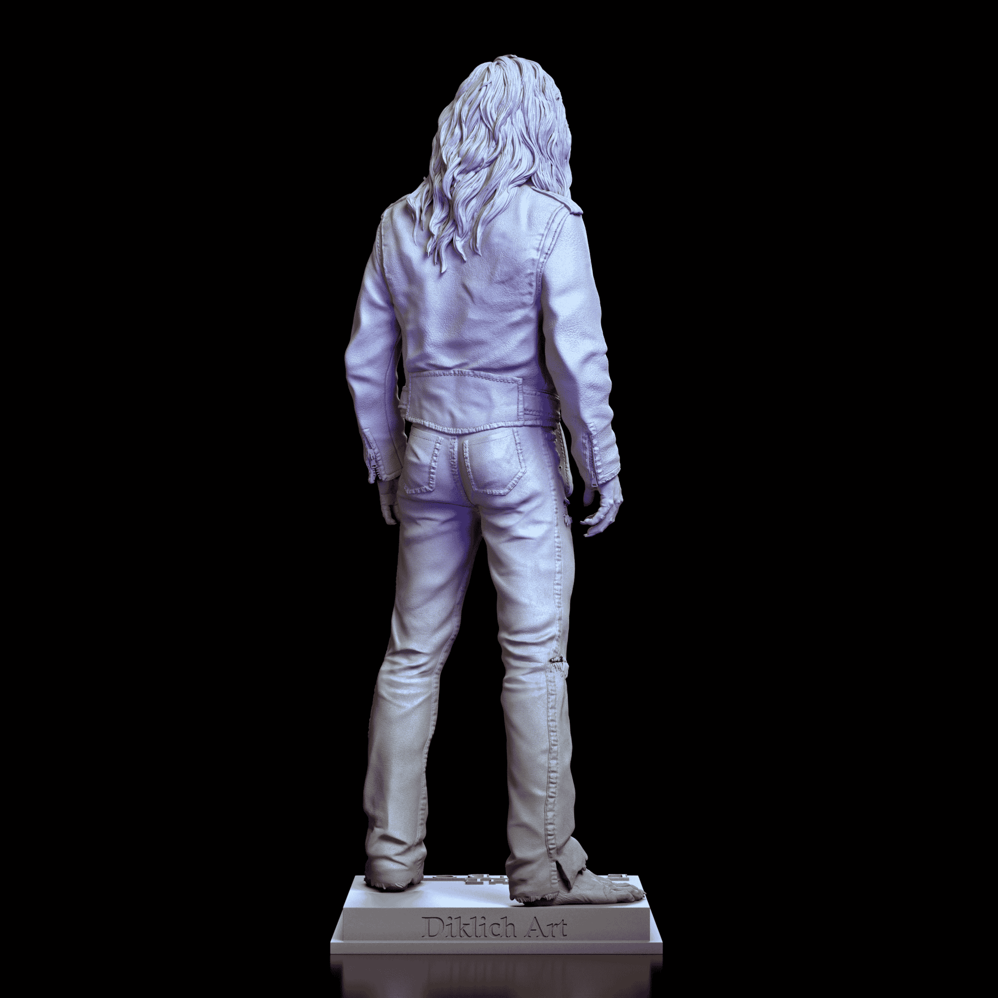 Rear view of the Dwayne Vampire maquette by Diklich Art highlighting long hair, jacket seams, and sculpted bare feet