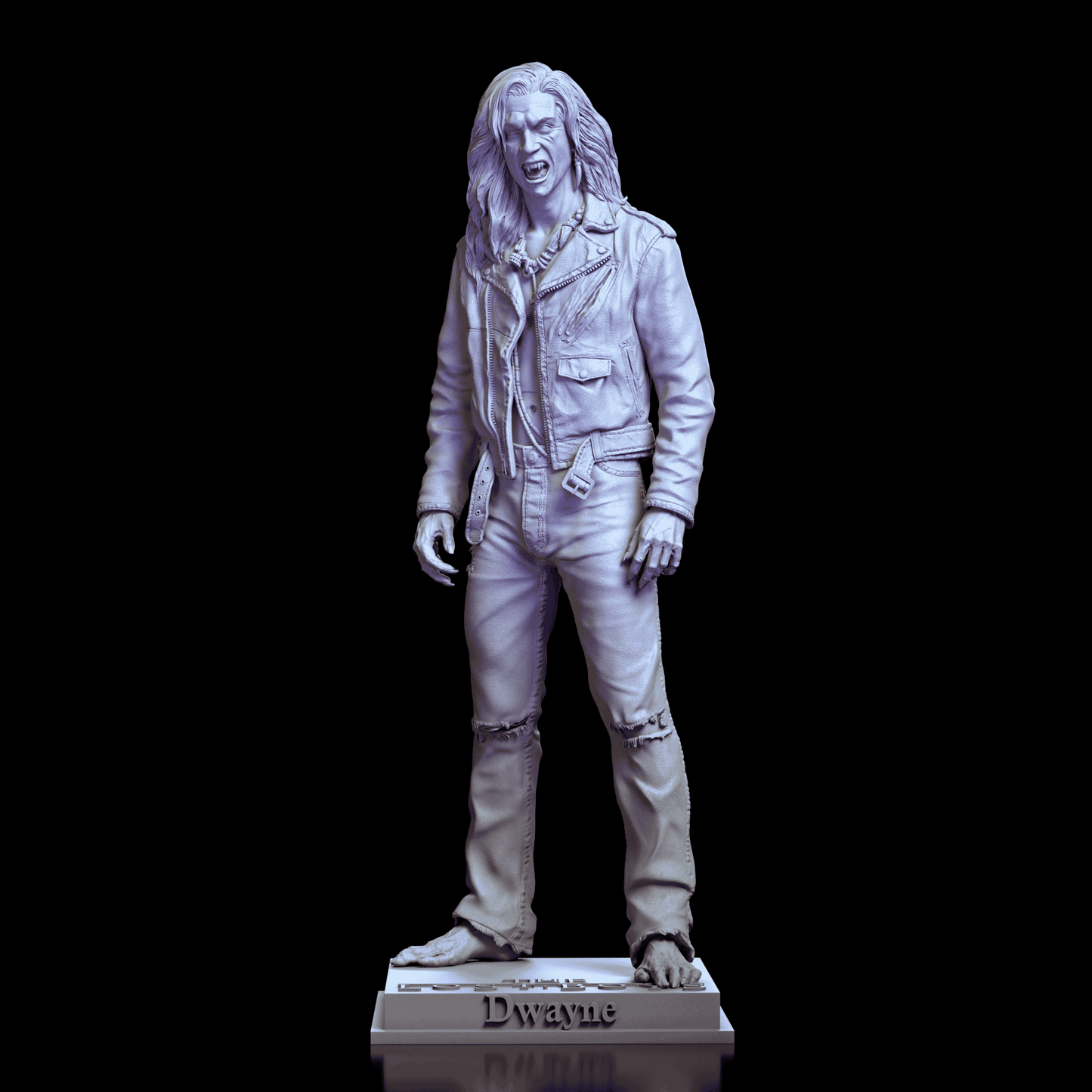 Front view of the Dwayne Vampire maquette by Diklich Art showing snarling fangs, necklace, and ripped jeans