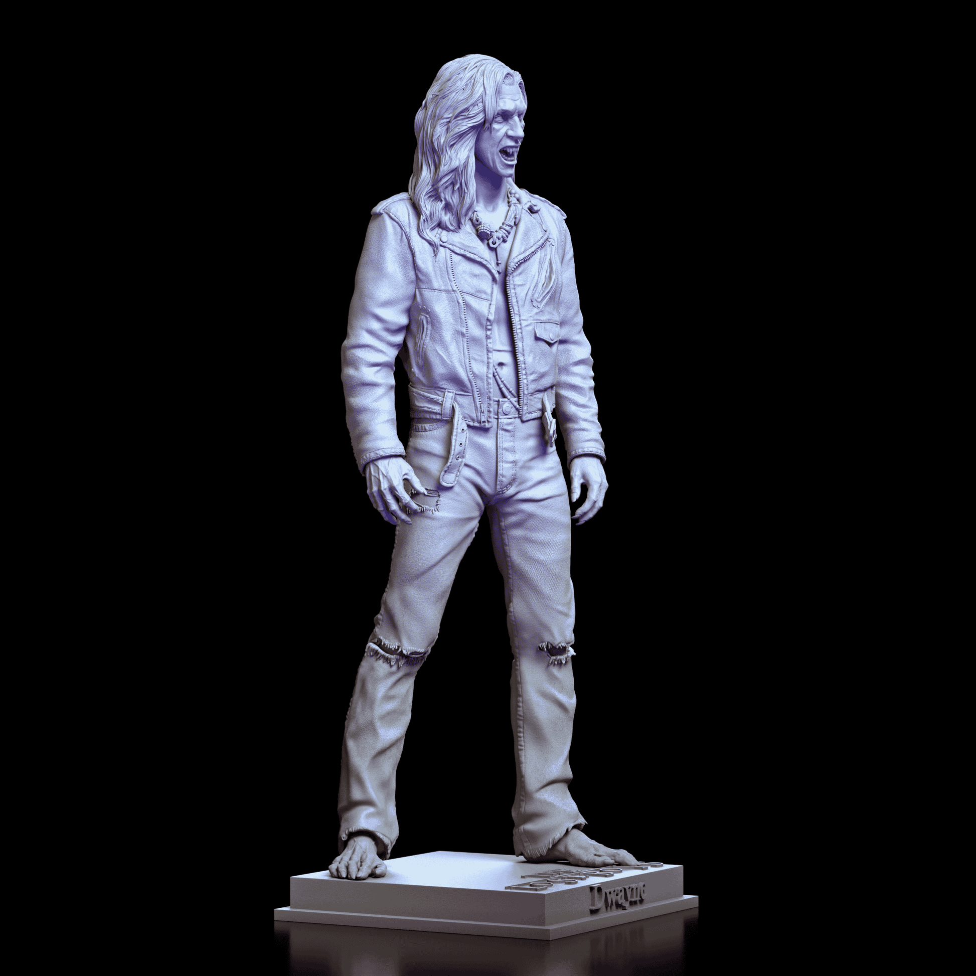 Right side profile of the Dwayne Vampire maquette by Diklich Art showcasing dynamic pose, ripped pant legs, and intricate hair sculpt\