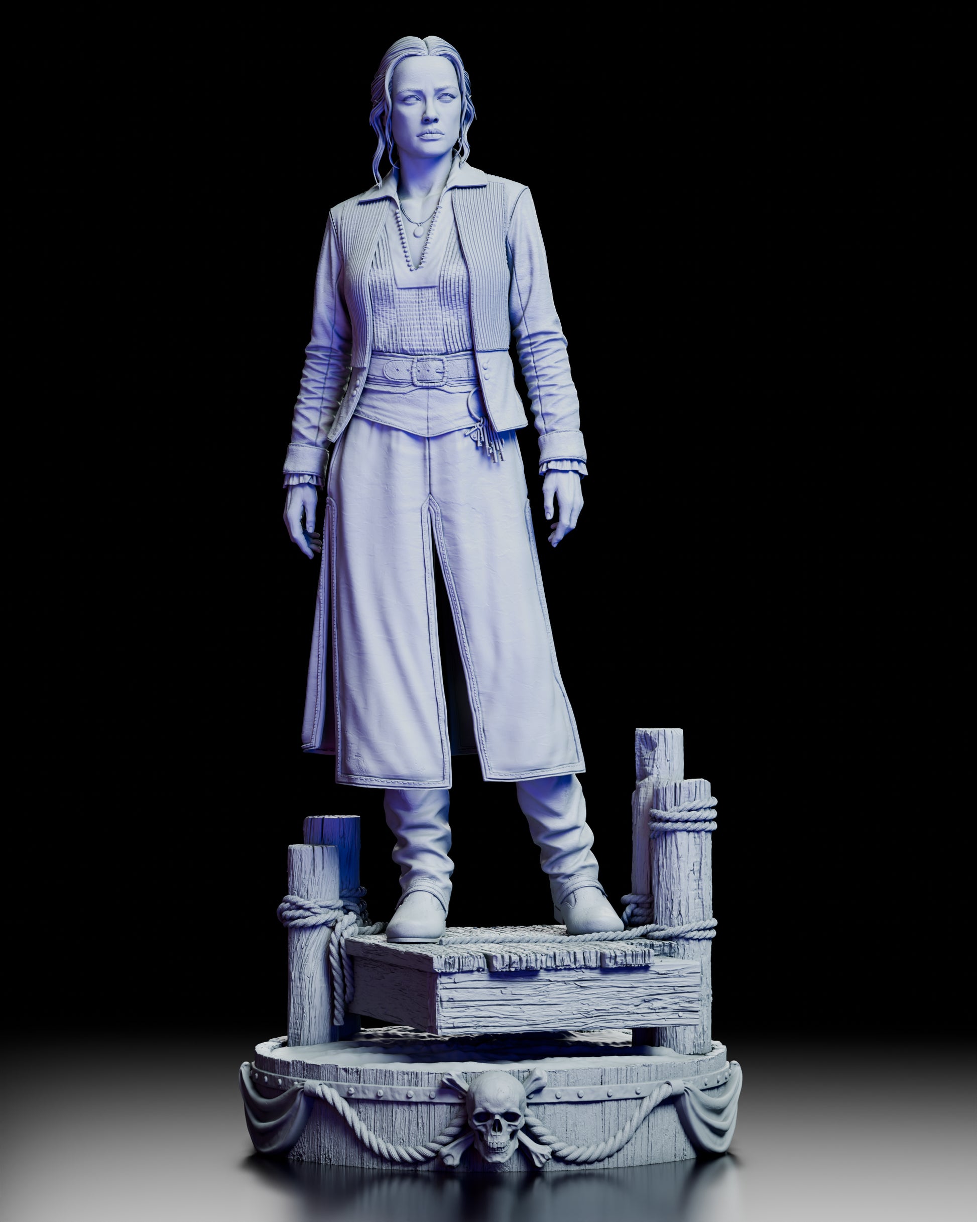 Front view of Eleanor Guthrie figure model kit showcasing detailed clothing textures and confident stance